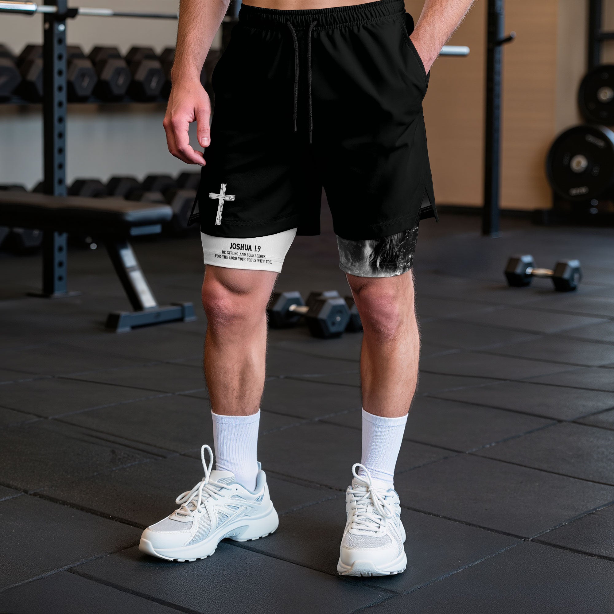 Joshua 1:9 Christian Gym Shorts for Men Cross Courage Design - Rust Field Wear