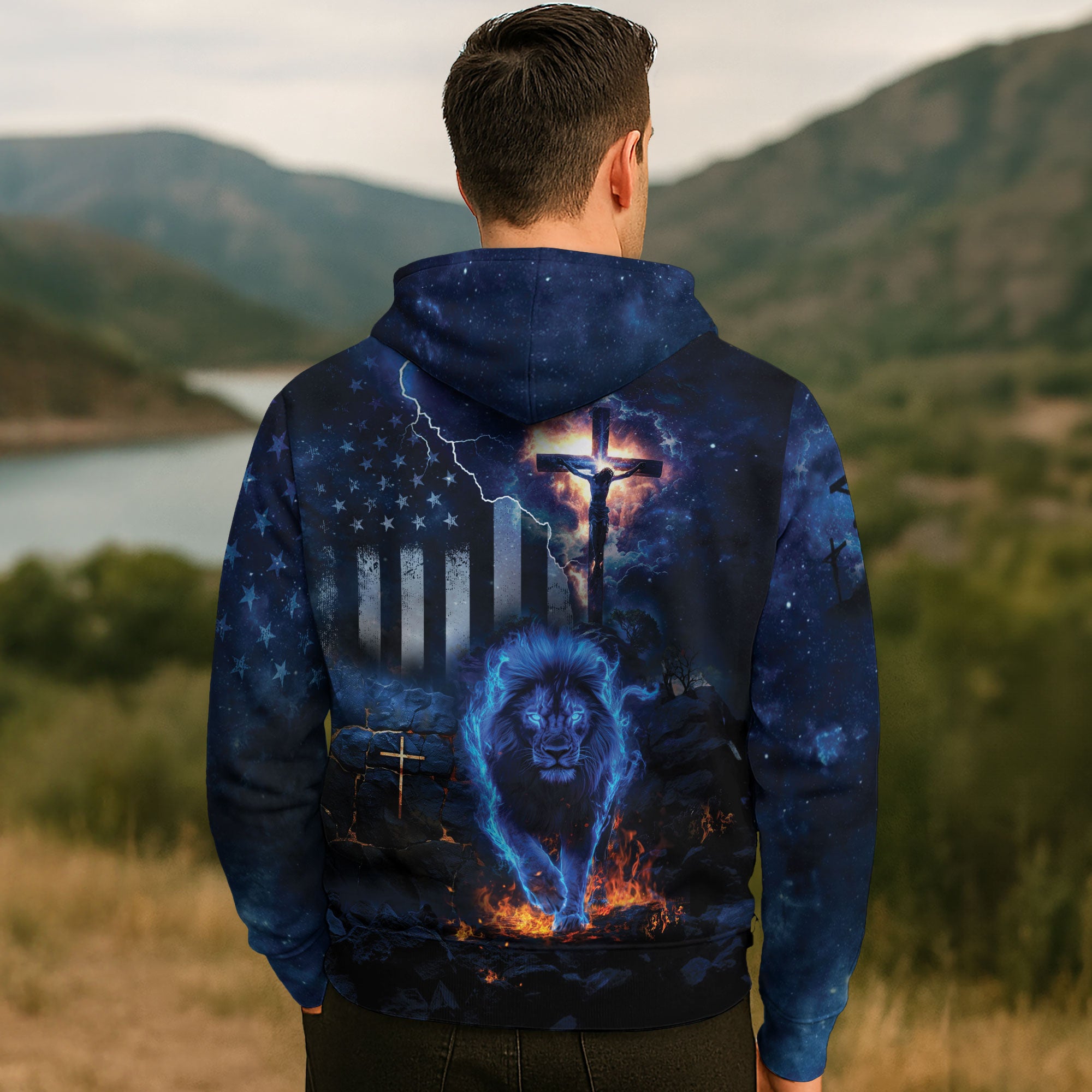Faith Over Fear Christian Hoodie Lion Cross Blue Lightning Design
