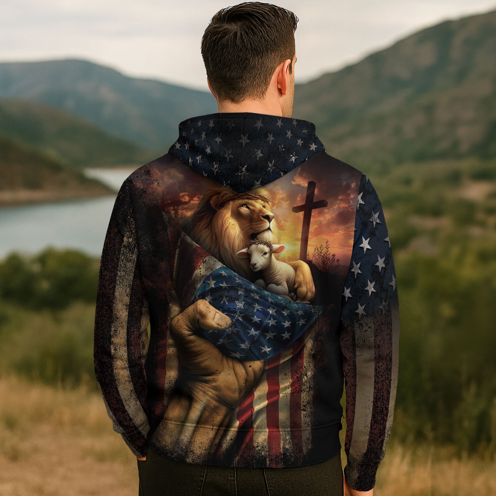 Faith Over Fear Christian Hoodie Jesus Lion Lamb Cross Flag Design