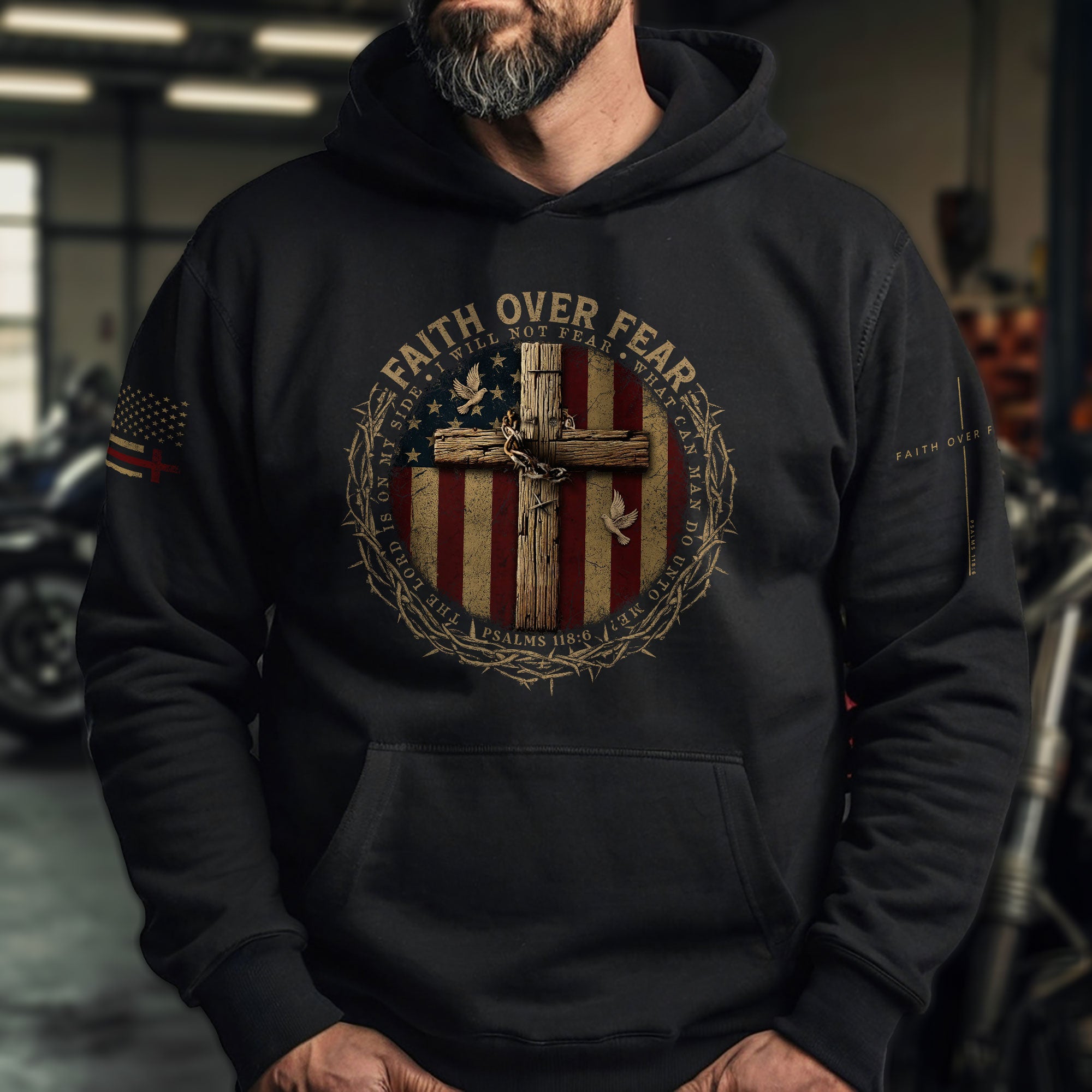 Faith Over Fear Christian Hoodie American Flag Cross Design Religious