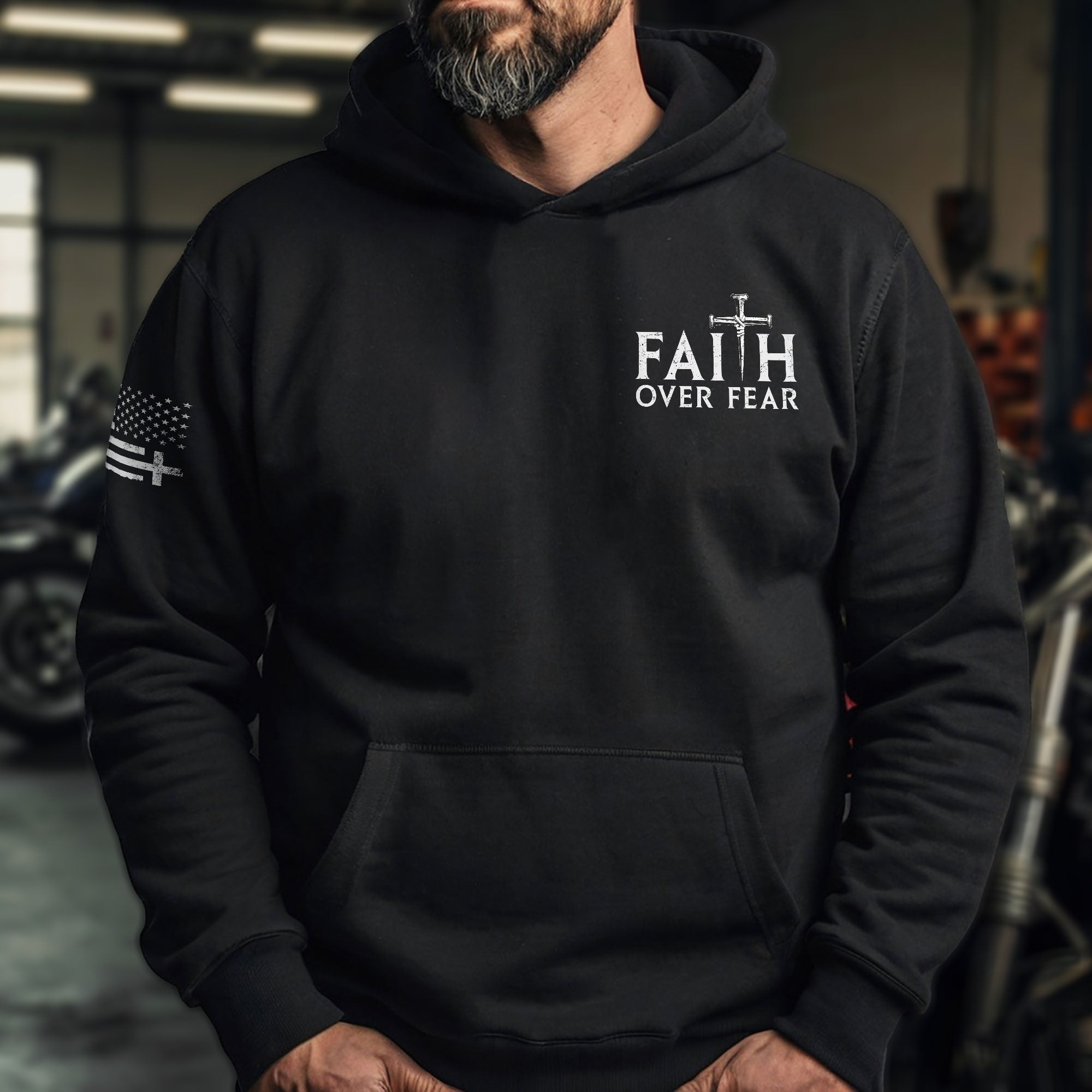 Faith Over Fear Christian Hoodie Nail Cross Crown of Thorns Design Religious