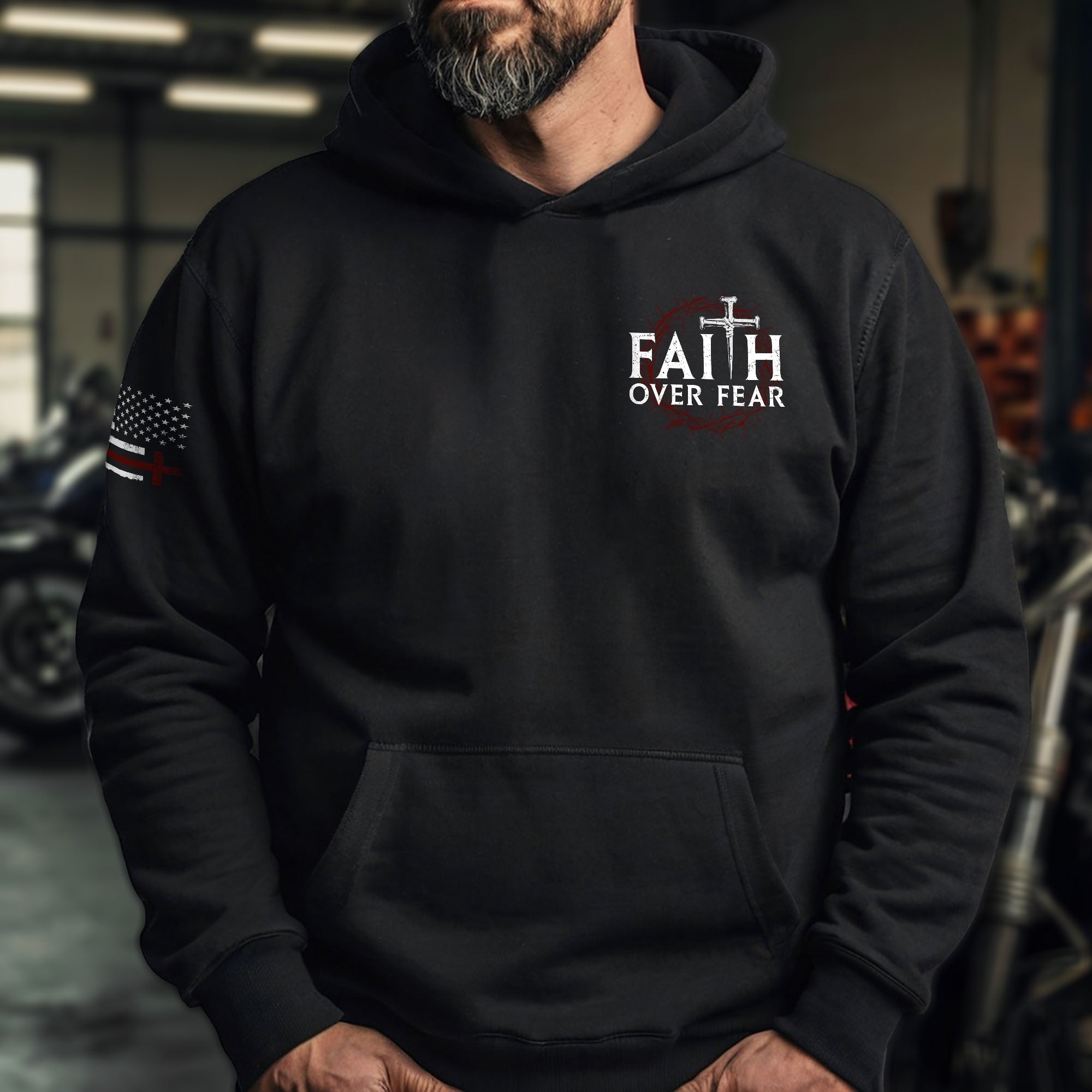 Faith Over Fear Christian Hoodie Nail Cross American Flag Design