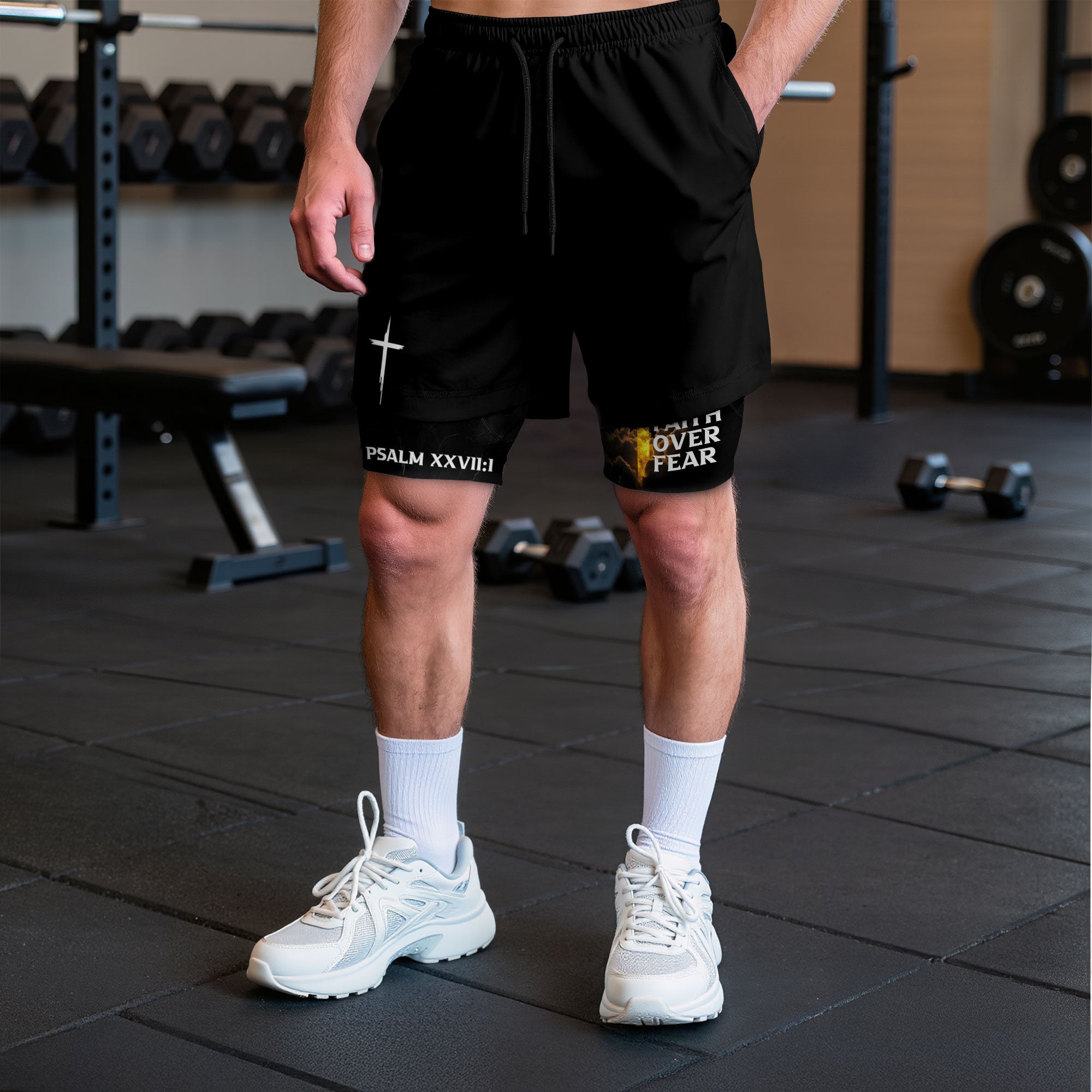 Psalm 27:1 Faith Over Fear Christian Mens Gym Shorts Bible Verse Glowing Gold Design