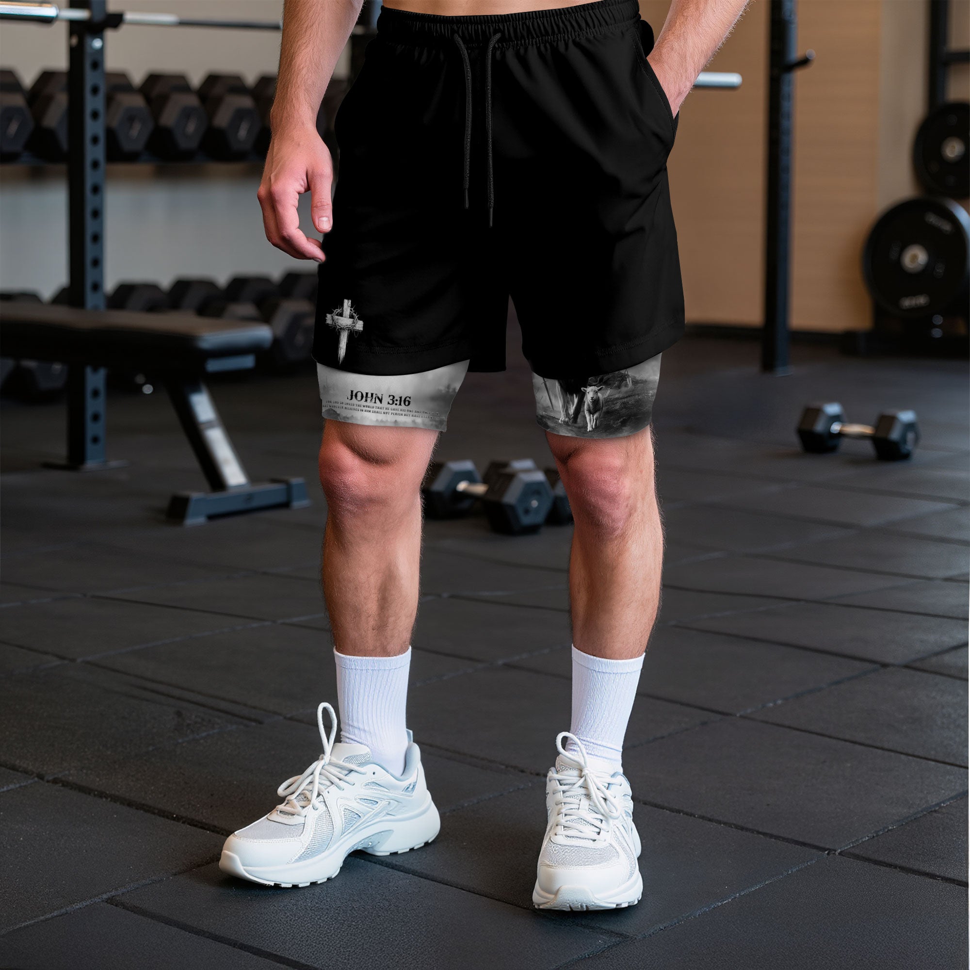 John 3:16 Christian Gym Workout Shorts Men Lion and Lamb Cross Bible Verse