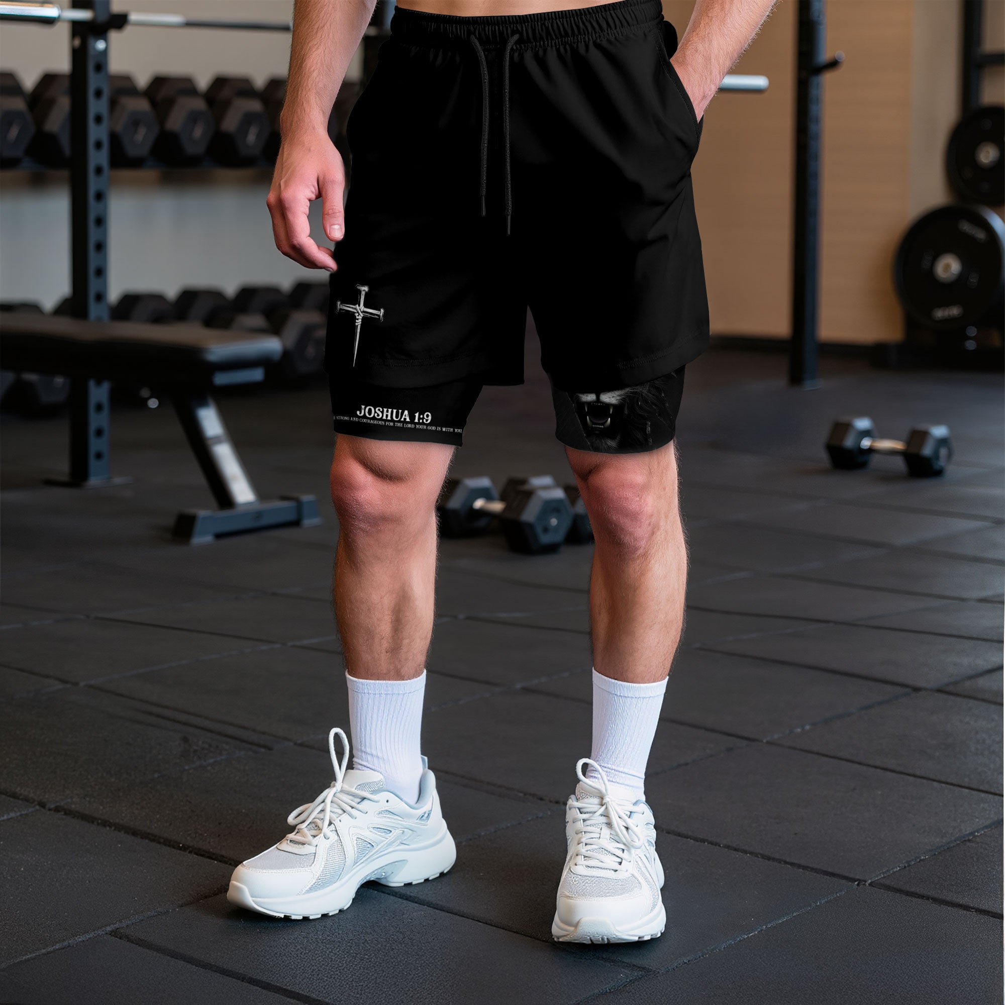 Joshua 1:9 Christian Gym Workout Shorts Men Lion of Judah Bible Verse Activewear