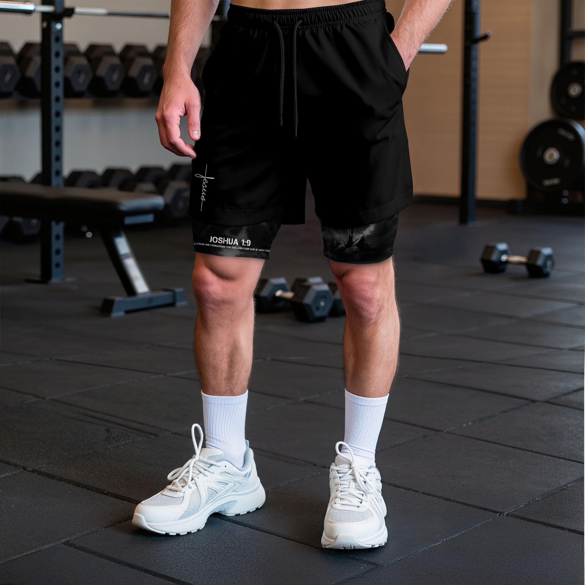 Joshua 1:9 Christian Gym Workout Shorts Men Jesus Cross Bible Verse Religious