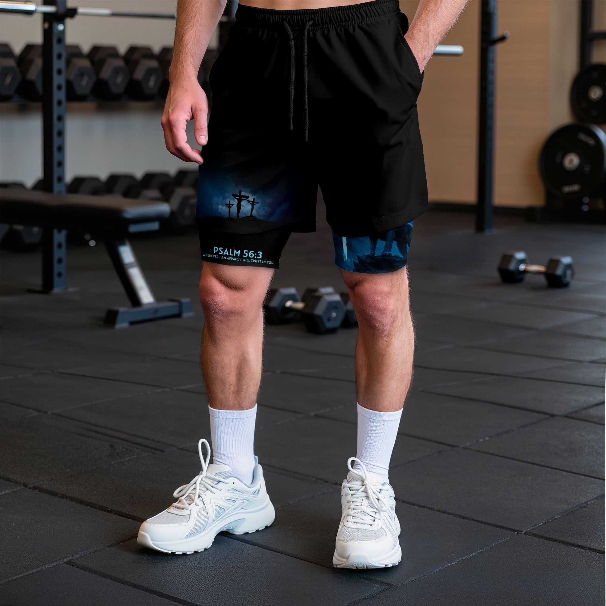 Psalm 56:3 Christian Gym Workout Shorts Men Lion Cross Bible Verse Blue