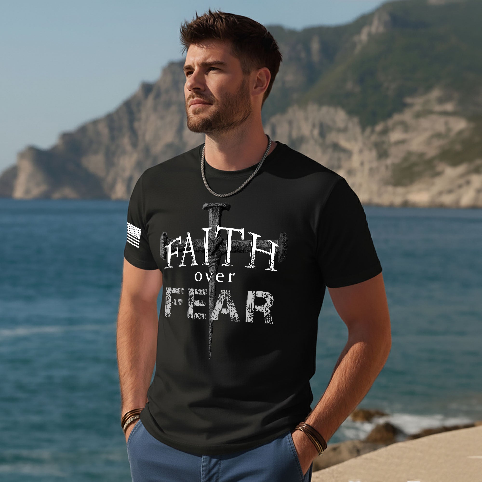 Faith Over Fear Christian Nail Cross Patriotic Religious Jesus Shirt