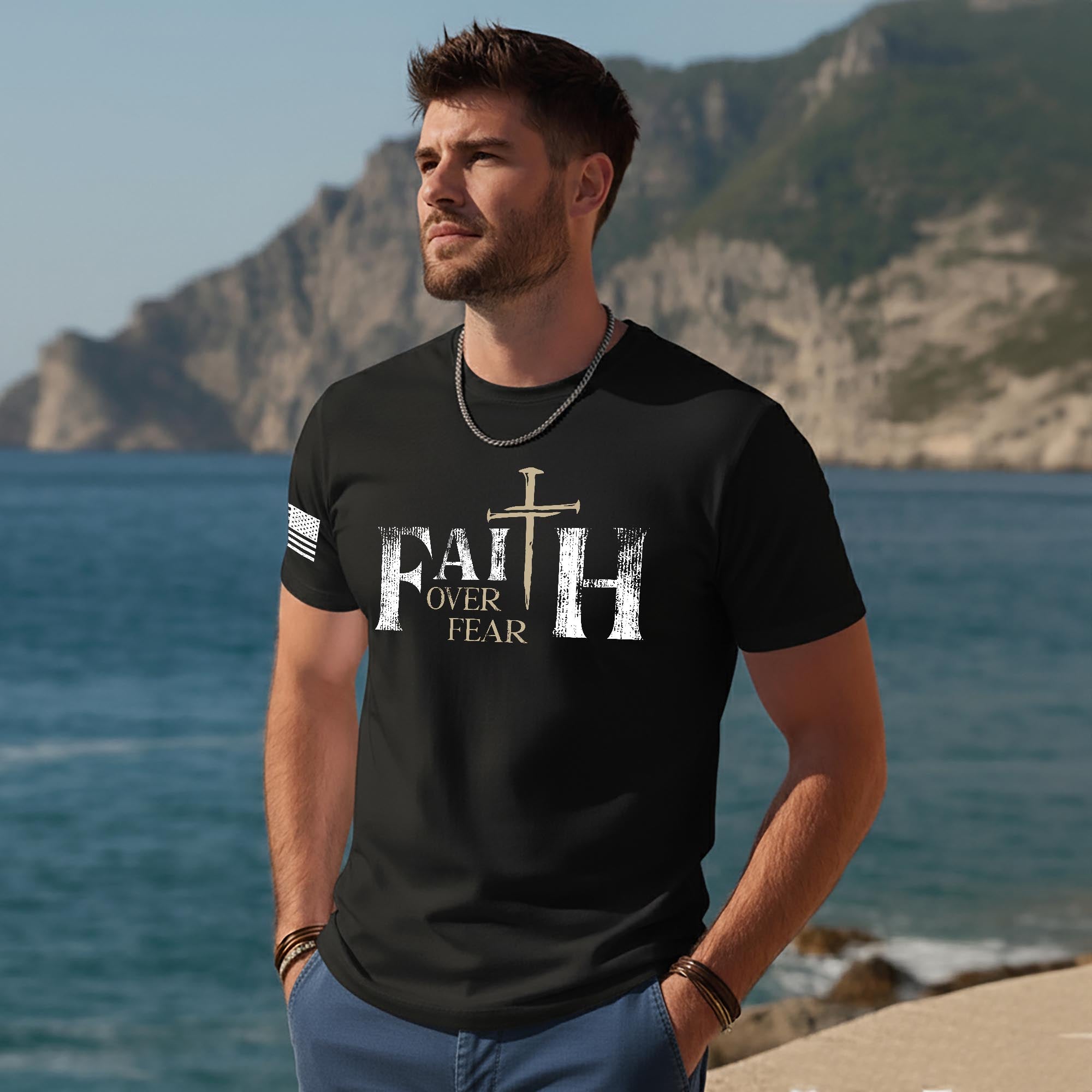 Faith Over Fear Christian Nail Cross Patriotic Religious Shirt