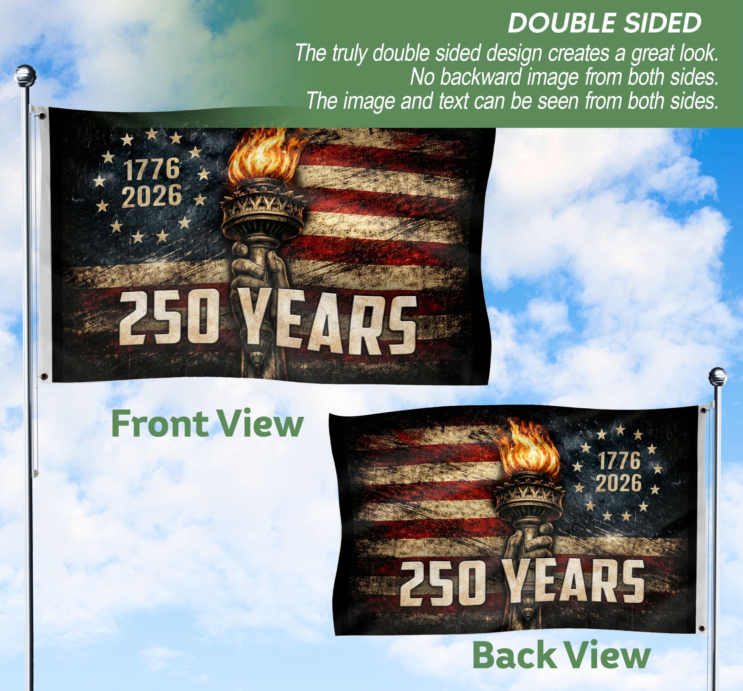 USA 250th Anniversary Flag 1776-2026 American Flag Liberty Torch Patriotic