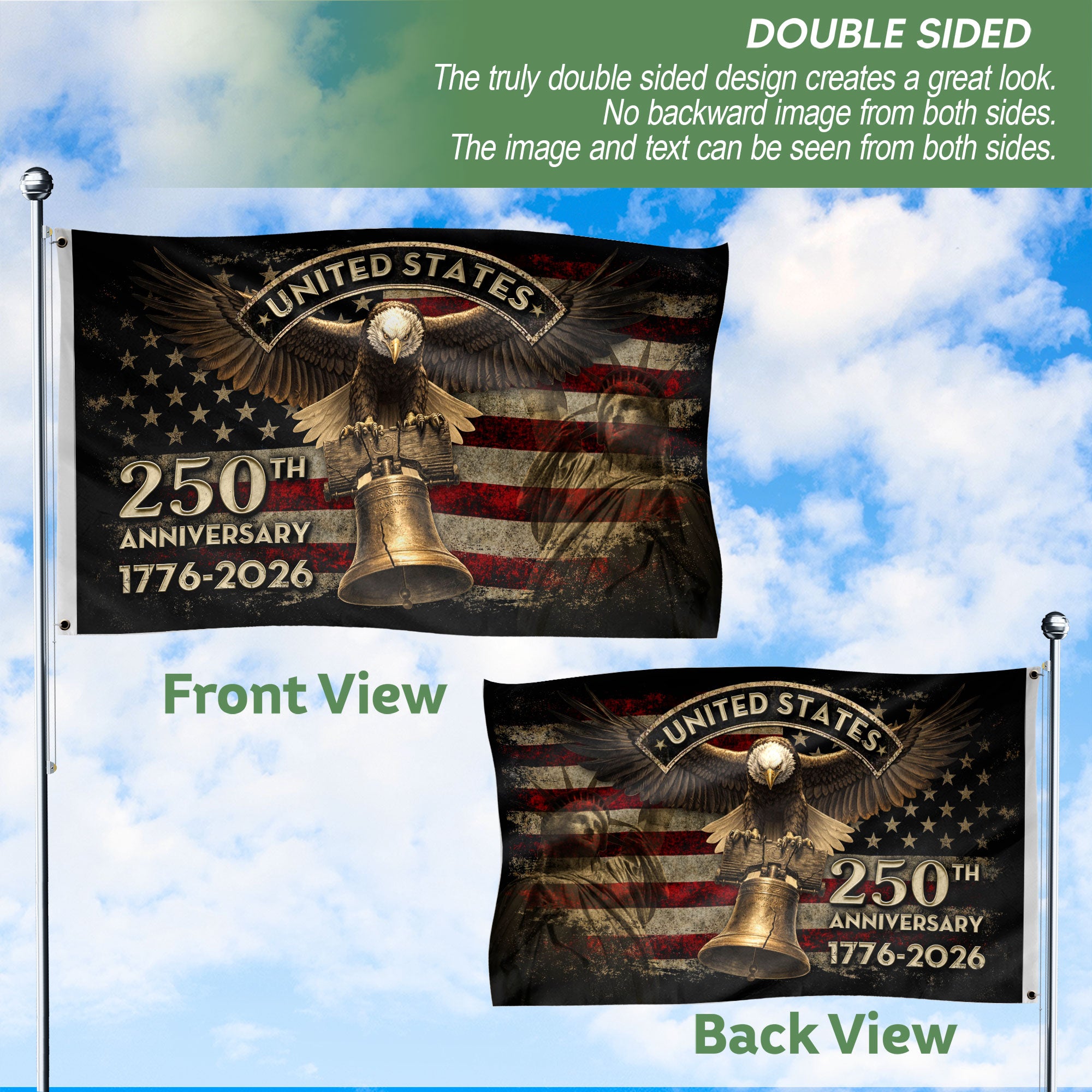 United States 250th Anniversary Semiquincentennial Flag 1776–2026 – Eagle & Liberty Bell Patriotic Décor