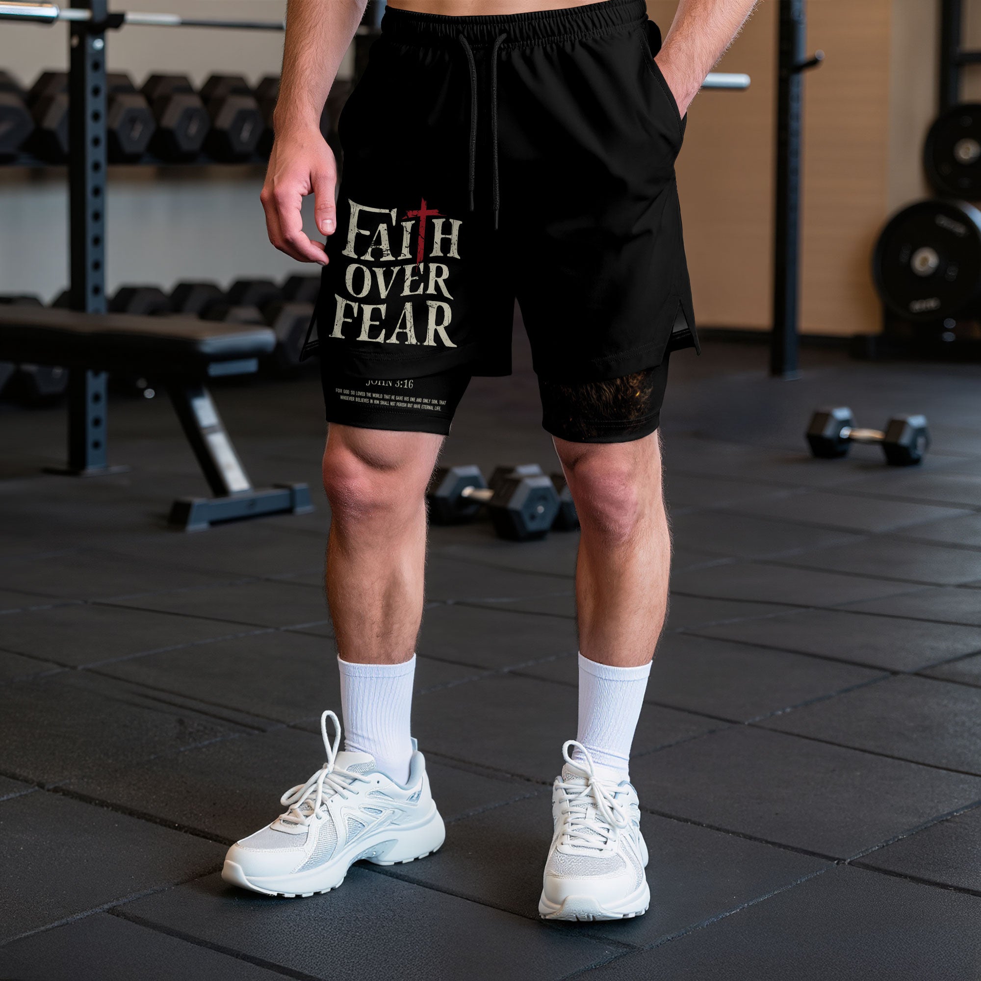 John 3:16 Bible Verse Christian Workout Shorts Men Lion of Judah Faith Over Fear Activewear - Rust Field Wear