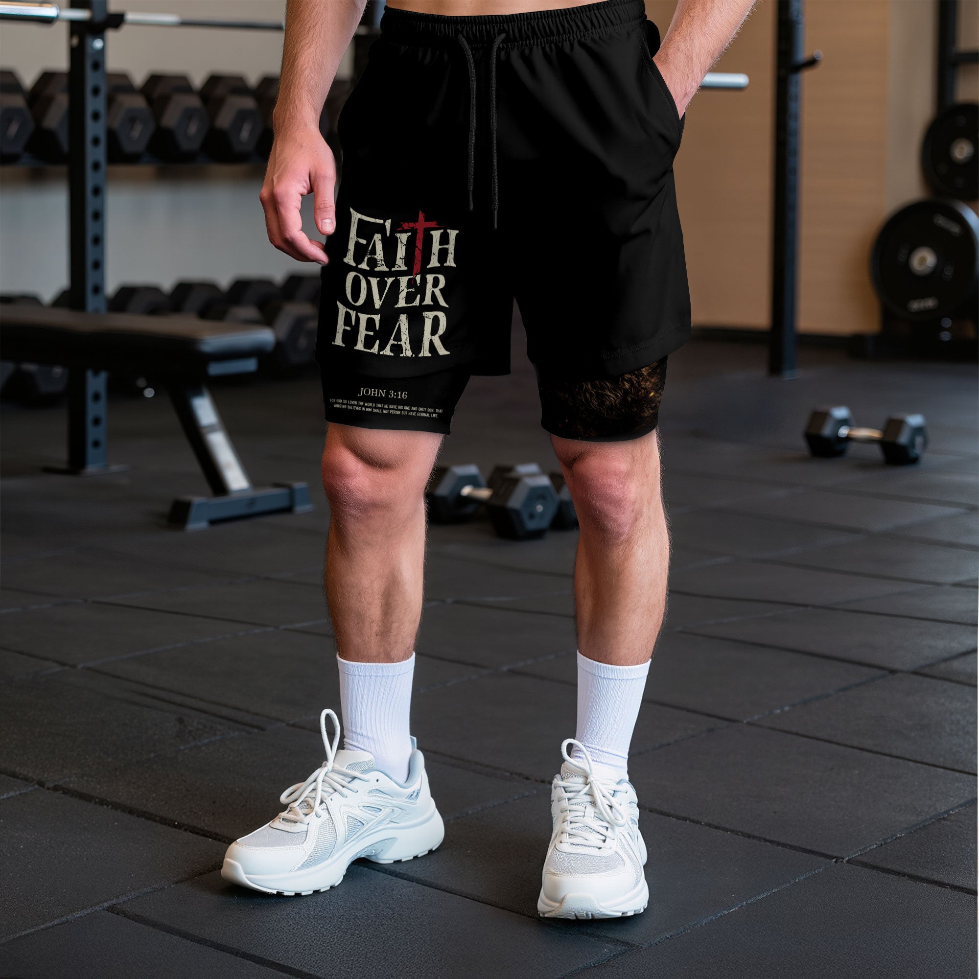 John 3:16 Bible Verse Christian Workout Shorts Men Lion of Judah Faith Over Fear Activewear