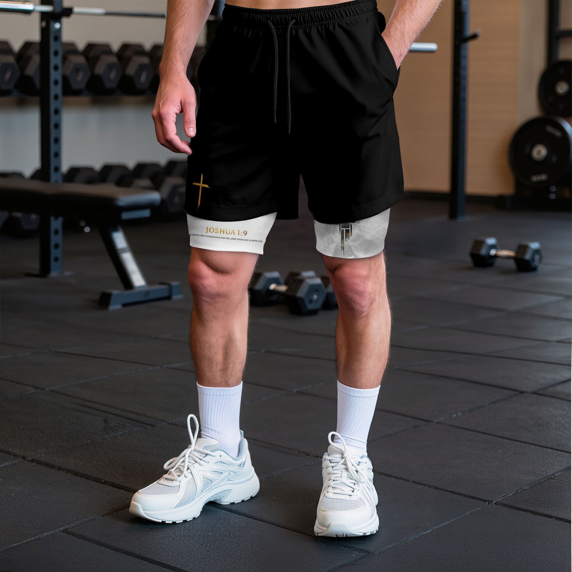 Joshua 1:9 Bible Verse Christian Men Workout Shorts Gold Lion of Judah Training Apparel