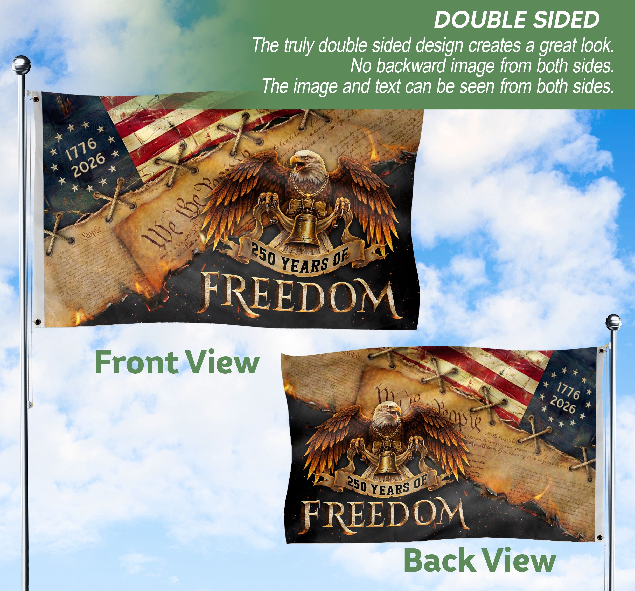 250 Years of Freedom Double-Sided House Flag, USA 250th Anniversary Patriotic American Eagle Flag