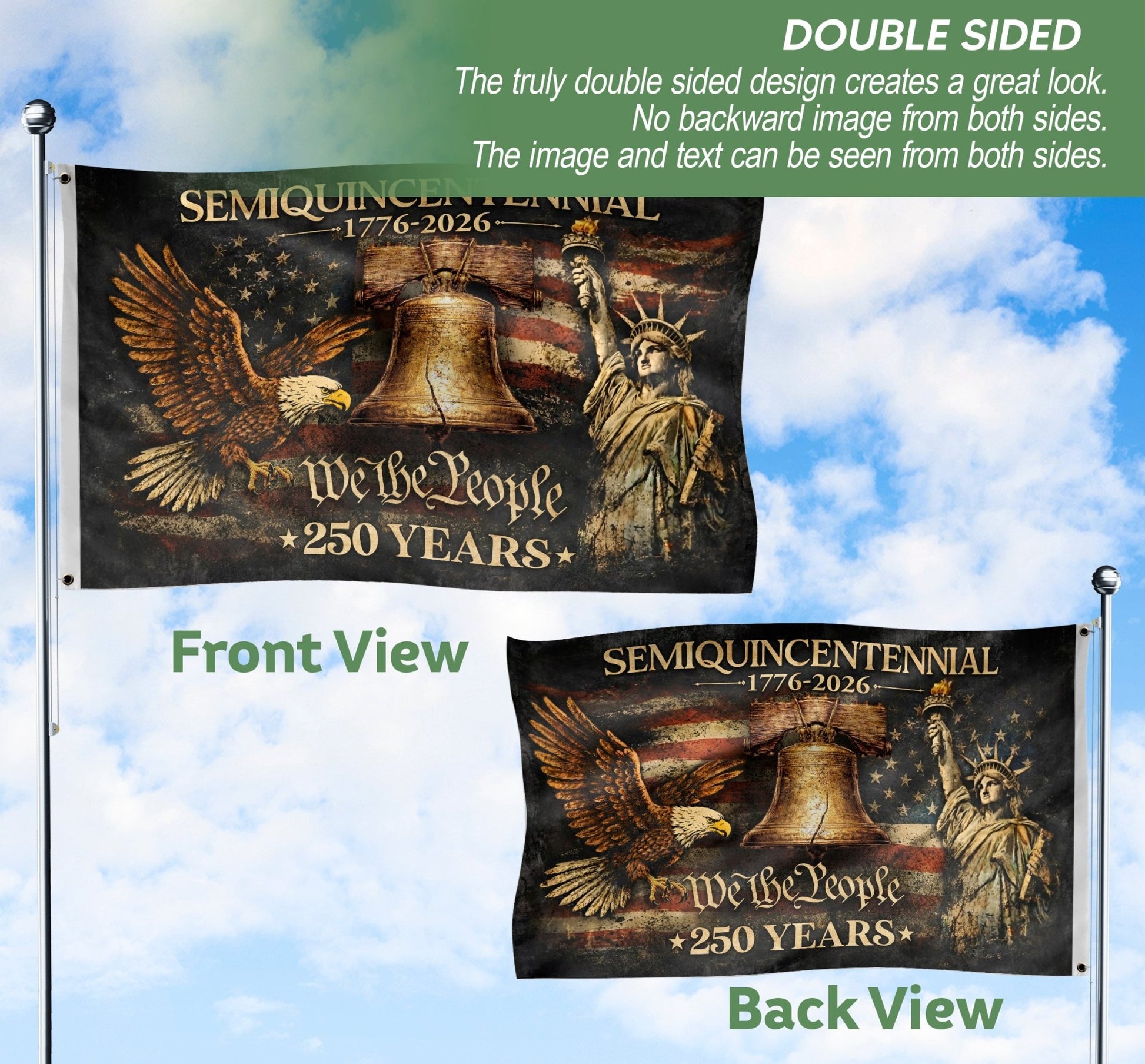 US 250 Years Flag 3x5 ft Statue of Liberty Liberty Bell Eagle 1776-2026 Patriotic Banner - Rust Field Wear