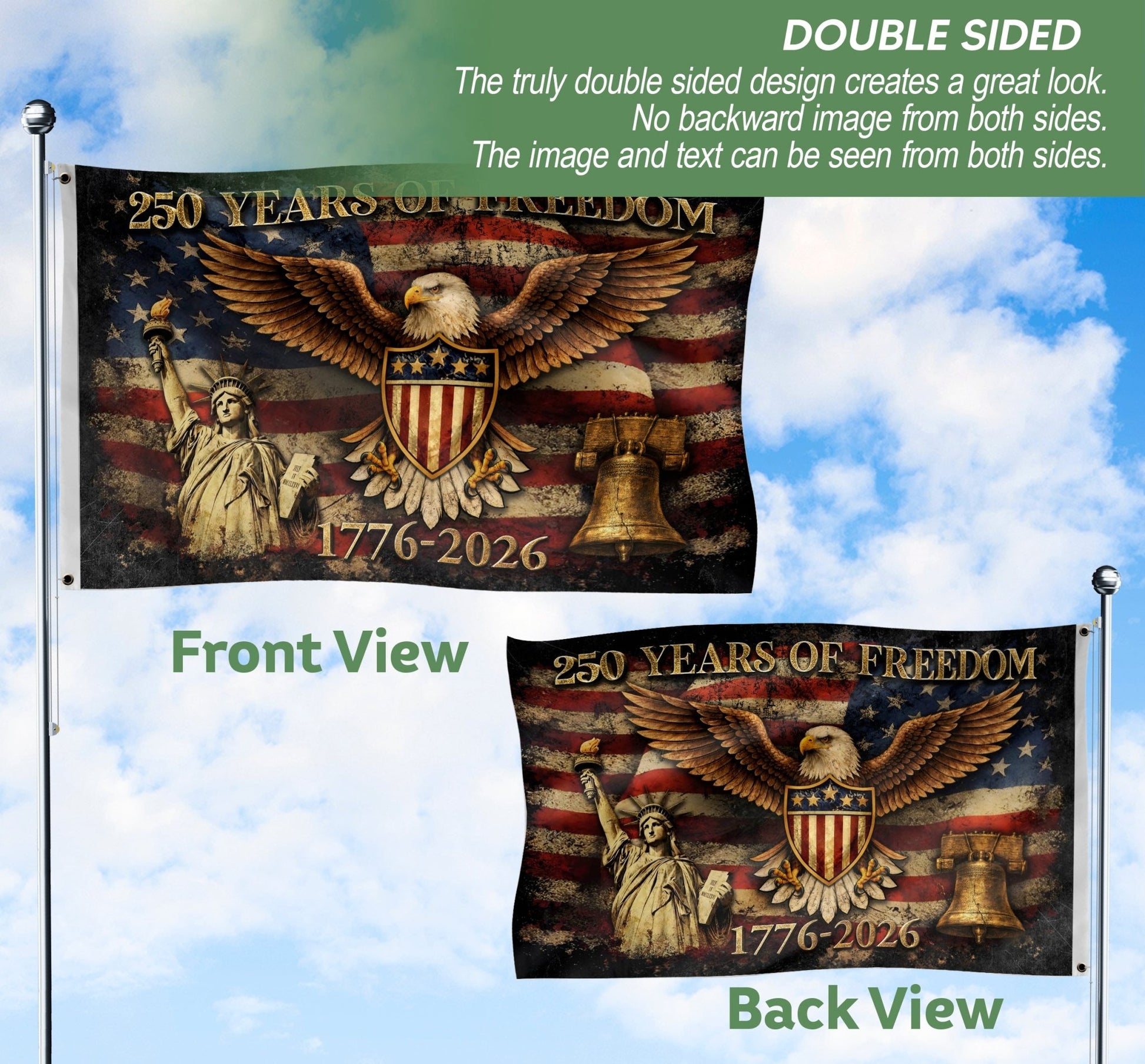 US 250 Years of Freedom Flag 3x5 ft Statue of Liberty Eagle Liberty Bell 1776-2026 - Rust Field Wear