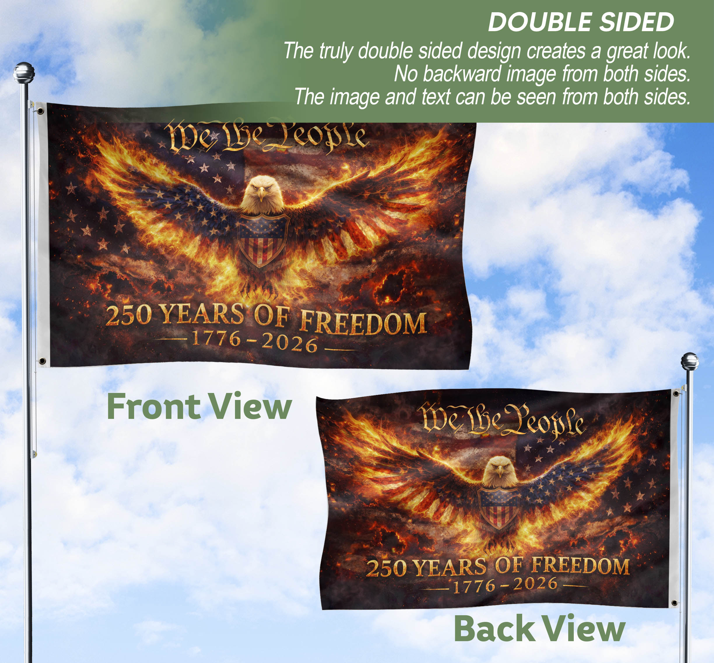 USA 250 Years of Freedom Flag 1776-2026 Flaming Eagle Strength We The People Patriotic Outdoor
