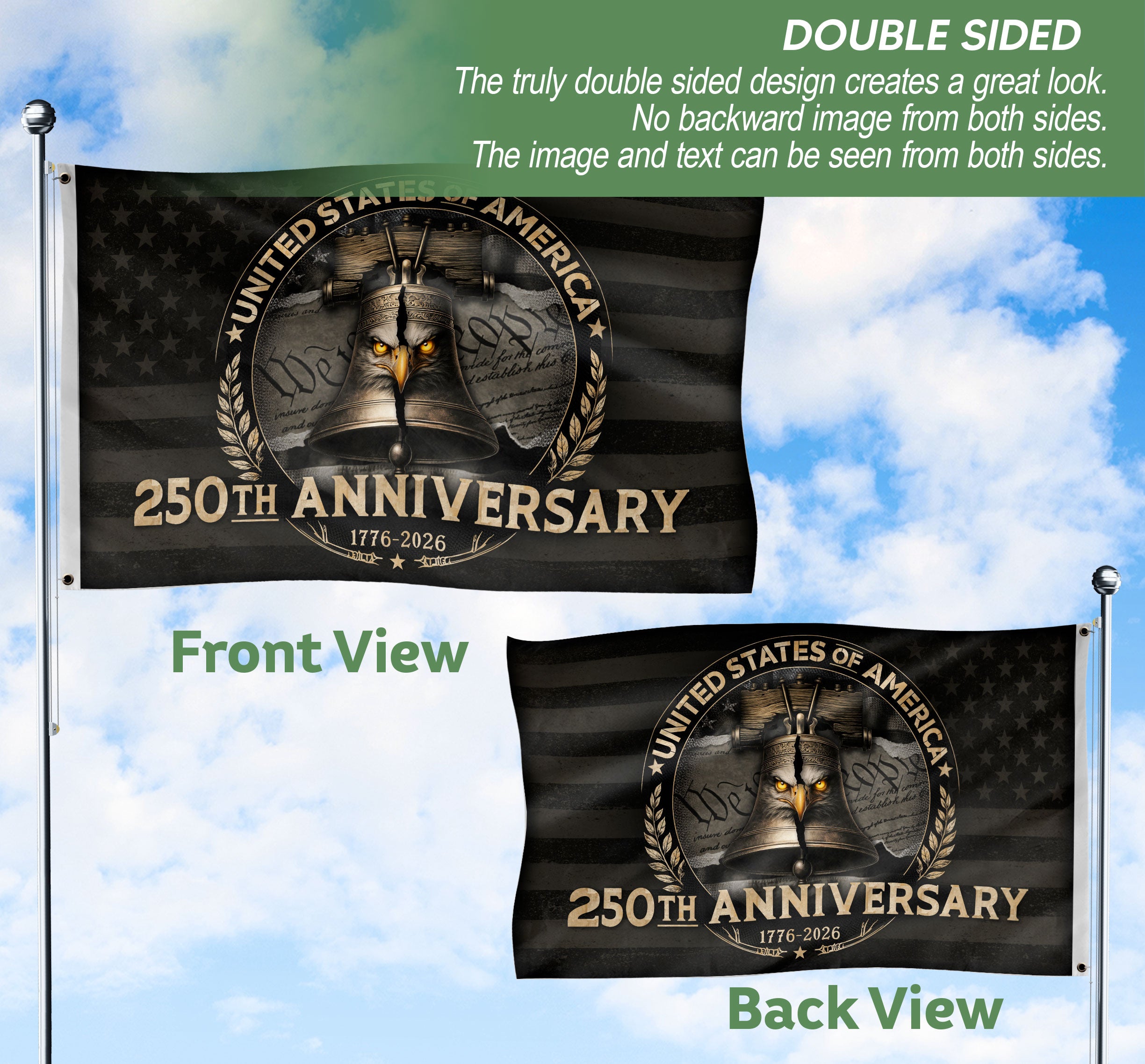 USA 250th Anniversary Flag 1776–2026 – American Flag with Liberty Bell & Eagle Design