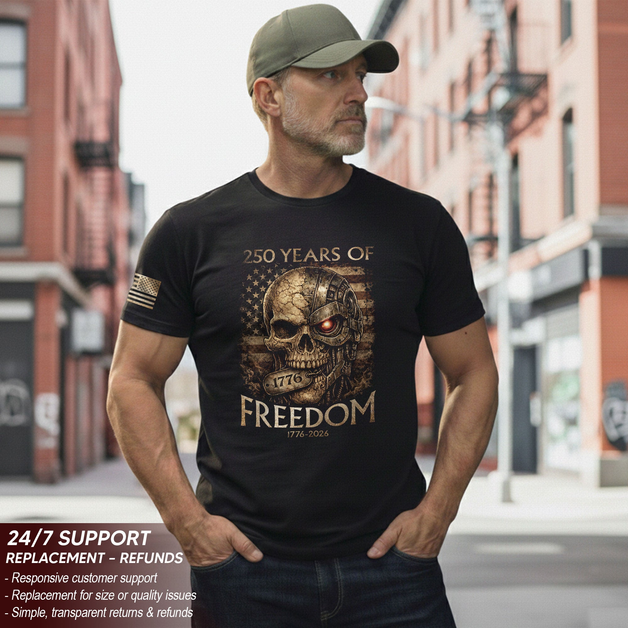 USA 250th Anniversary 250 Years Semiquincentennial Shirt 1776-2026 Mental Strength Freedom Cyborg Skull Patriotic Mens