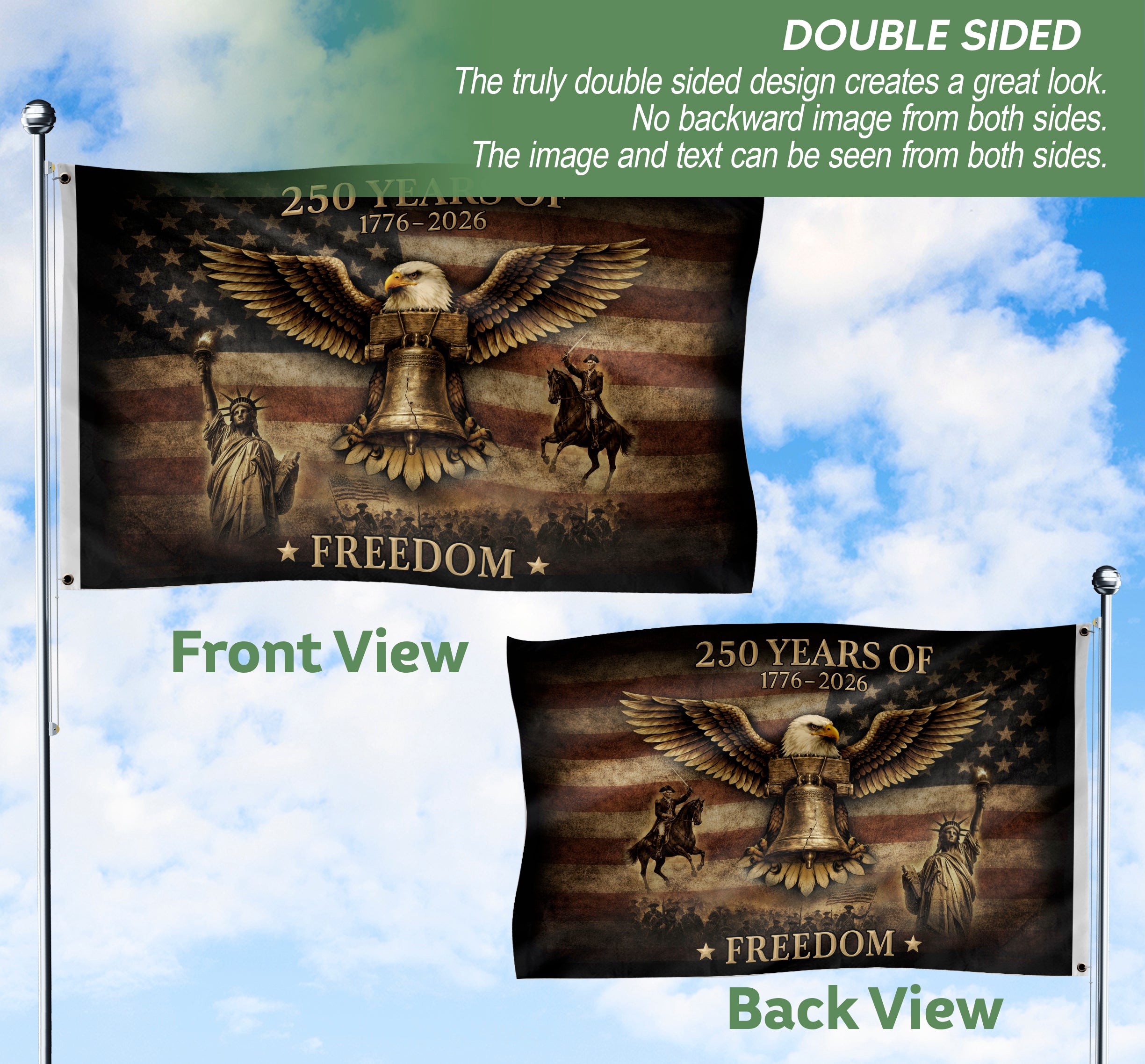 USA 250th Anniversary Flag 250 Years of Freedom Semiquincentennial 1776-2026 American Eagle Liberty Bell Patriotic