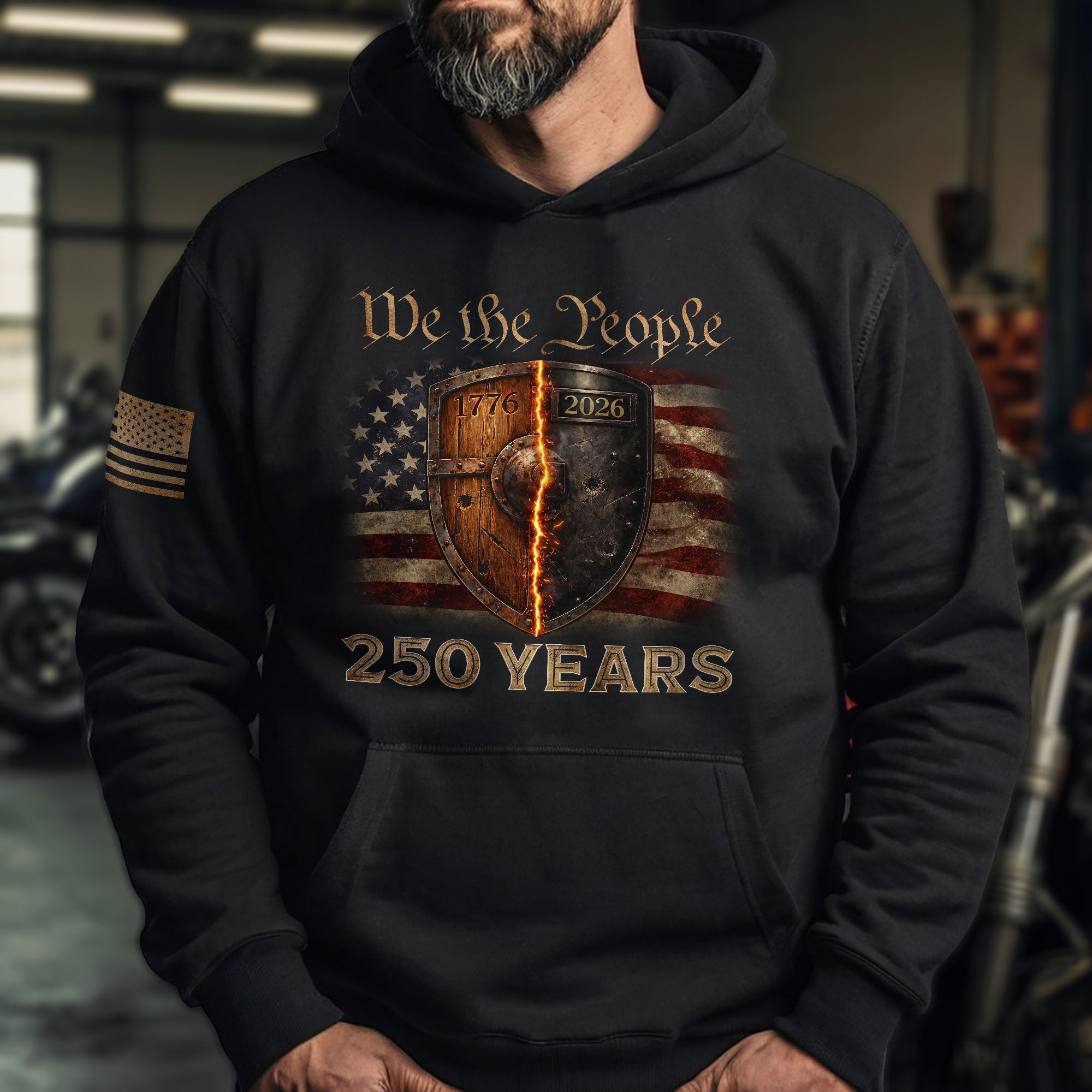 USA 250th Anniversary 250 Years Semiquincentennial Hoodie 1776-2026 Patriotic Burning Shield USA Flag Mens
