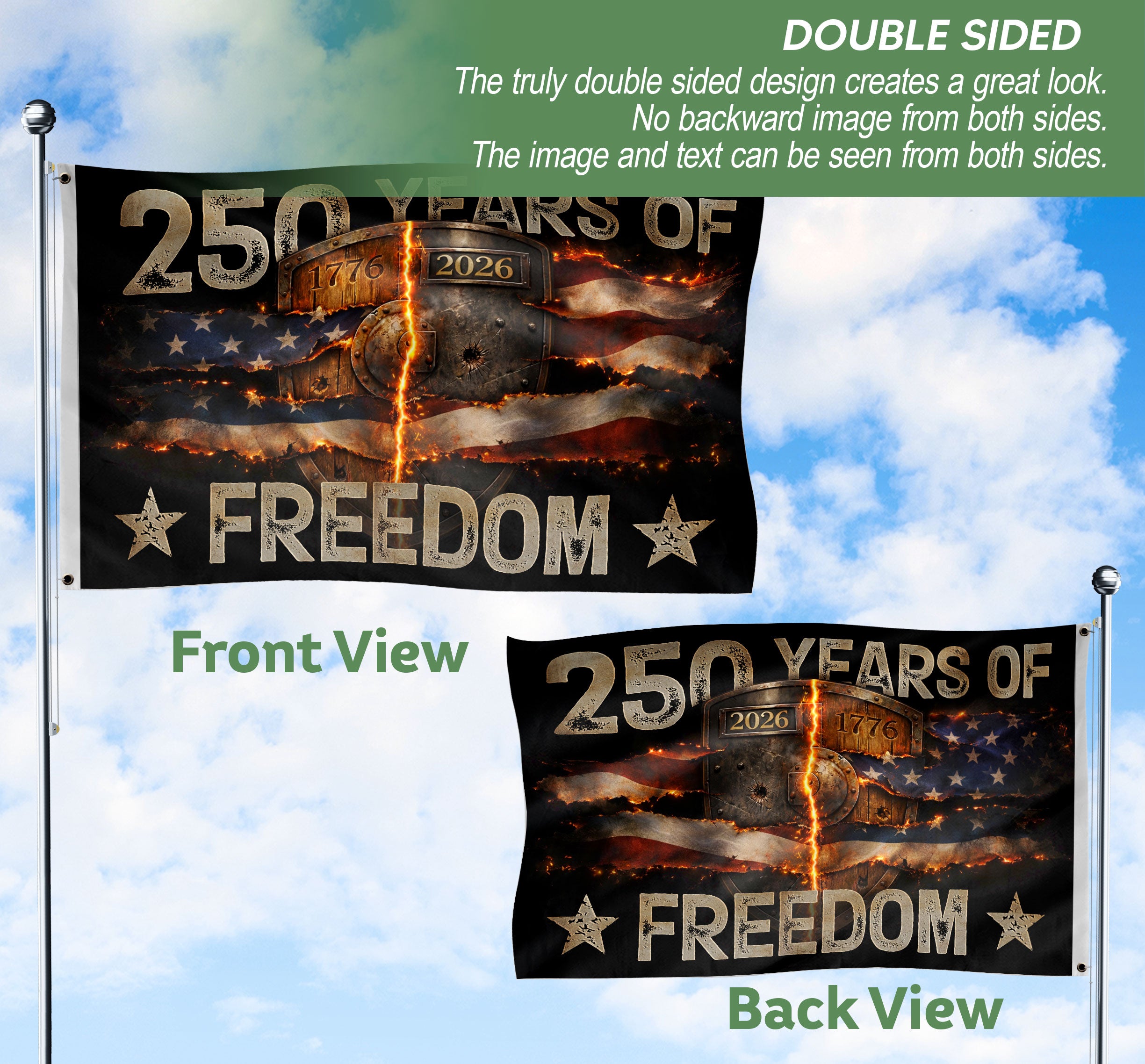 USA 250th Anniversary Flag 250 Years of Freedom Semiquincentennial 1776-2026 Burning Metal Shield Patriotic