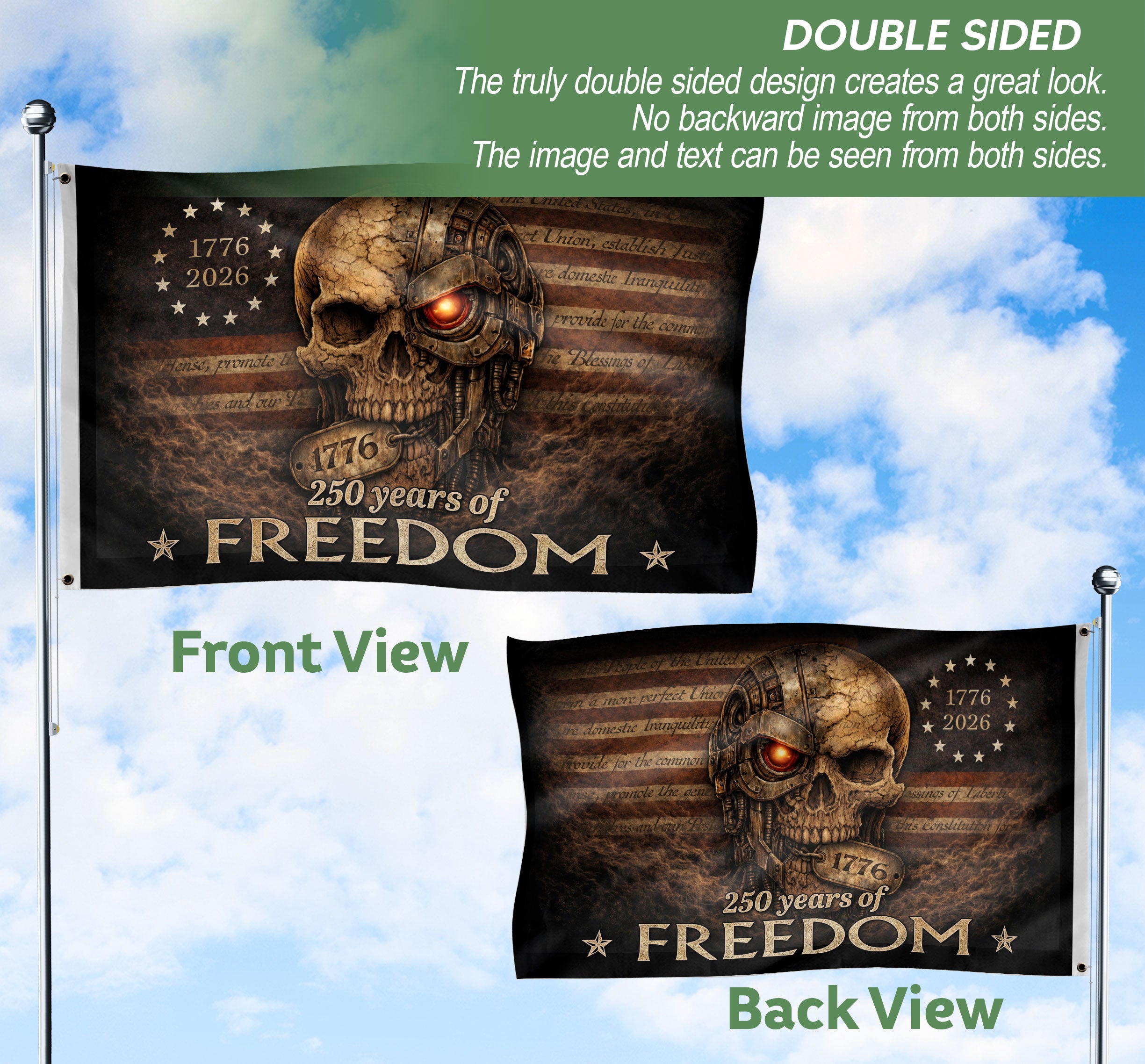 United States of America 250th Anniversary Flag 1776-2026 Mechanical Metal Cyber Skull Patriotic Garden Flag