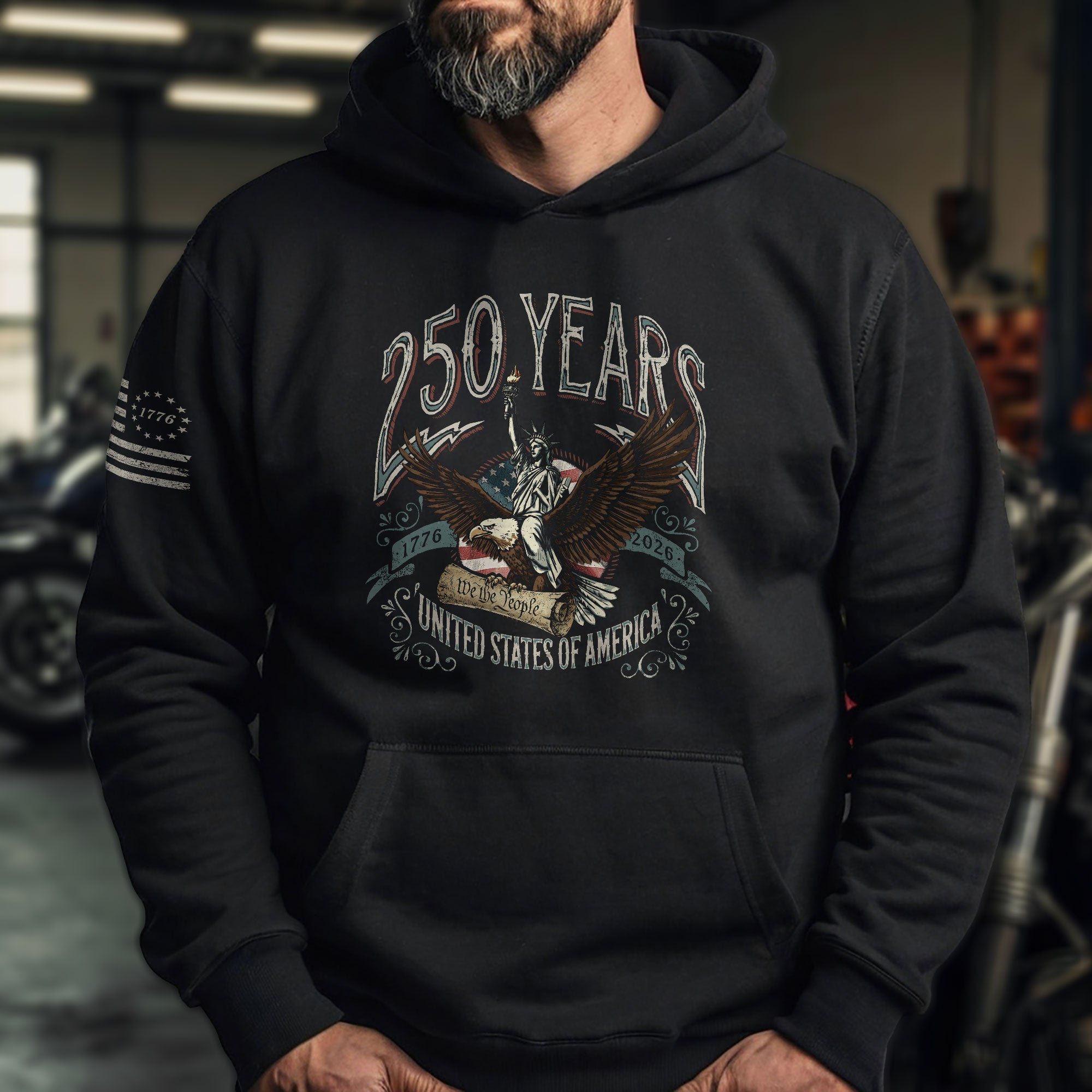 USA 250th Anniversary Hoodie 1776–2026, Patriotic Flaming Eagle Design Celebrating 250 Years - Rust Field Wear