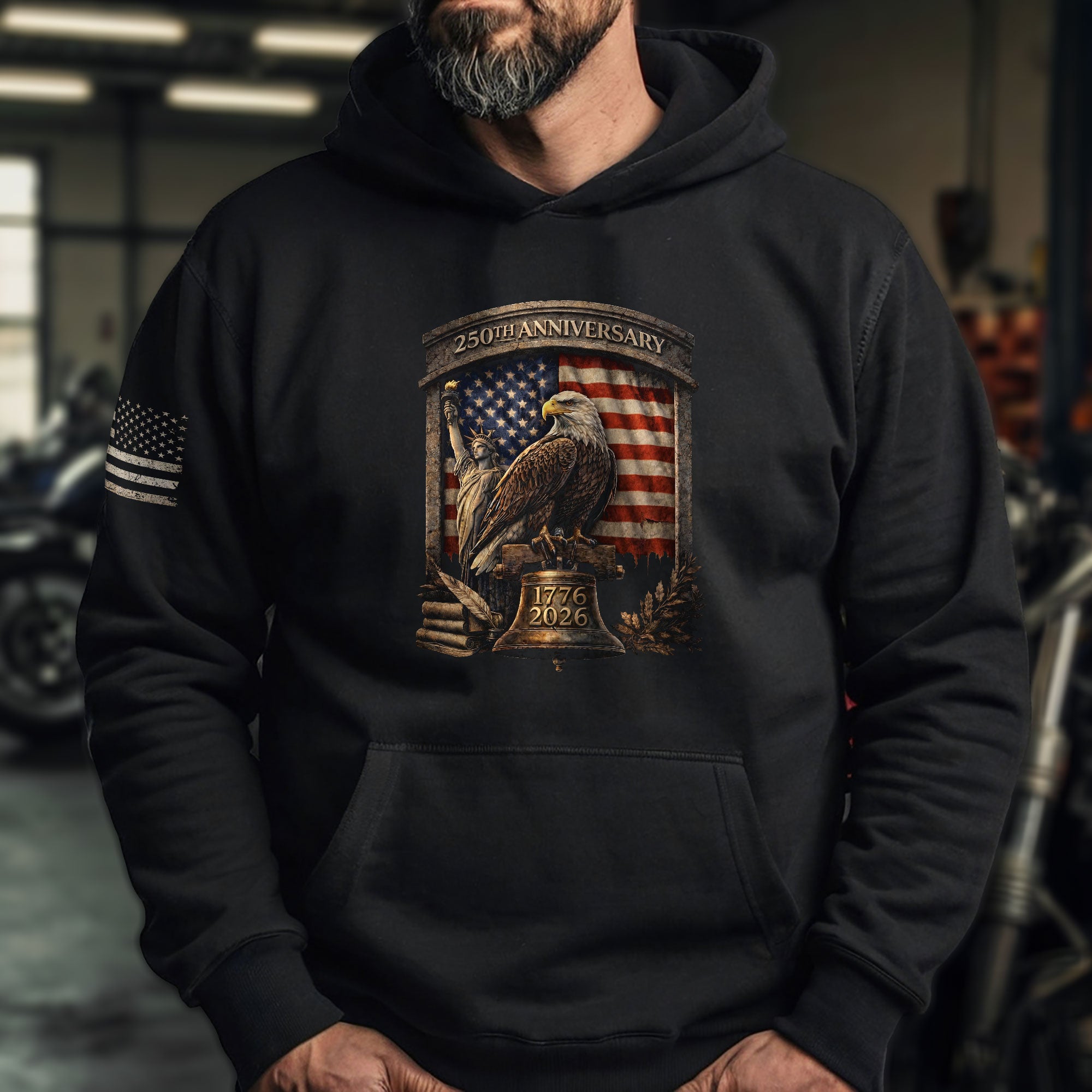 USA 250 Years Anniversary Hoodie 1776-2026 American Heroes Liberty Bell & George Washington Patriotic