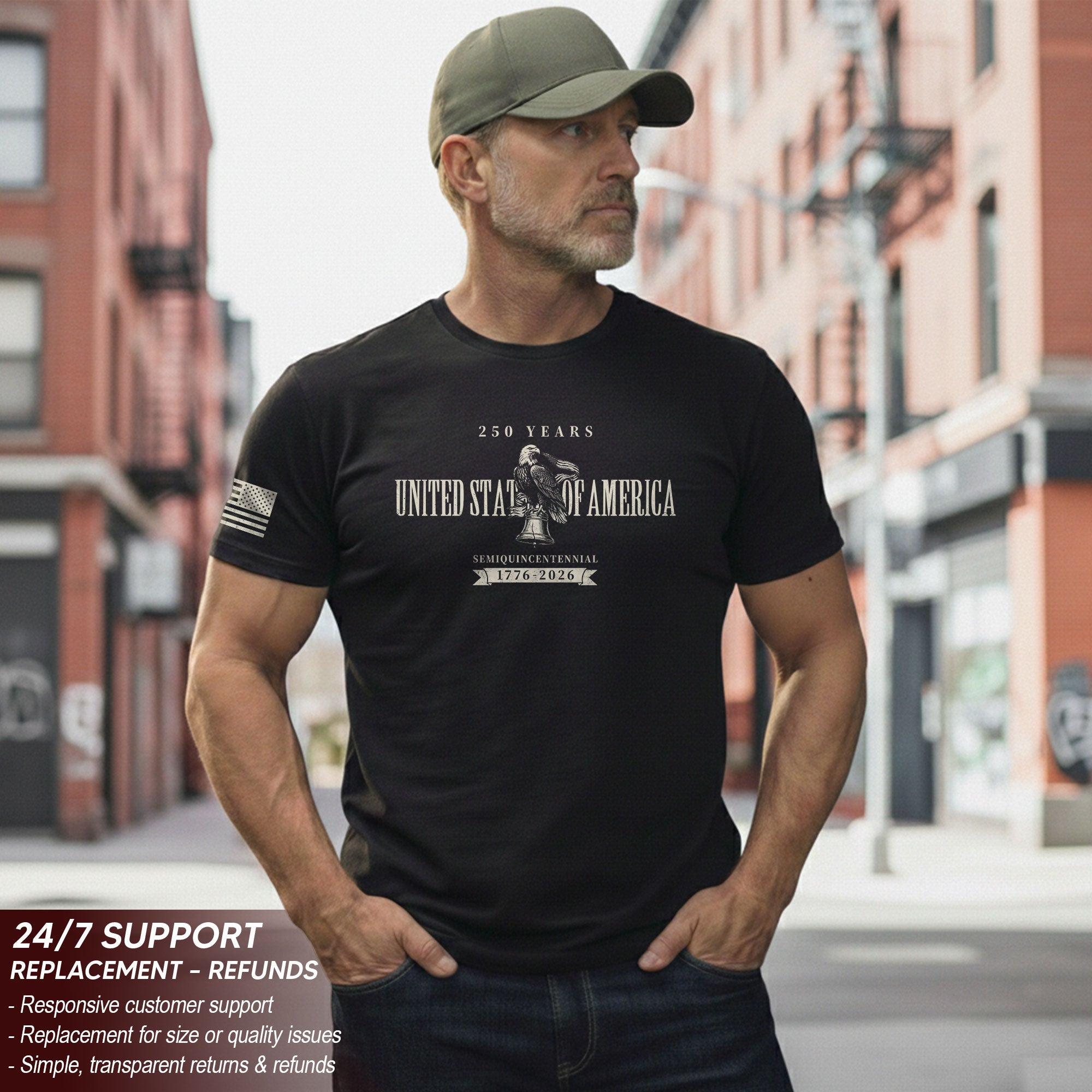 America 250 Years Semiquincentennial T-Shirt 1776-2026 - Patriotic Eagle & Distressed US Flag Men’s Anniversary Shirt