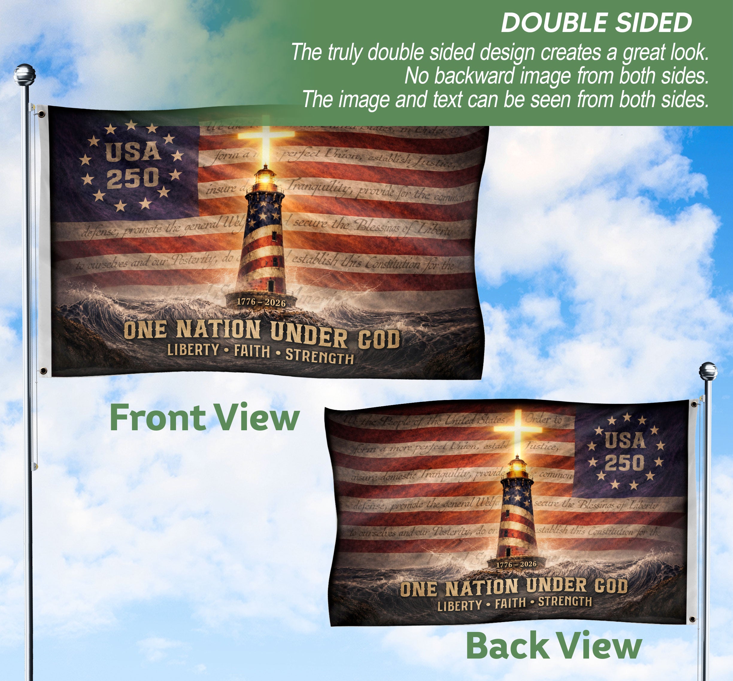 USA 250 Lighthouse Cross Flag – One Nation Under God Christian Patriotic Outdoor Flag 1776–2026