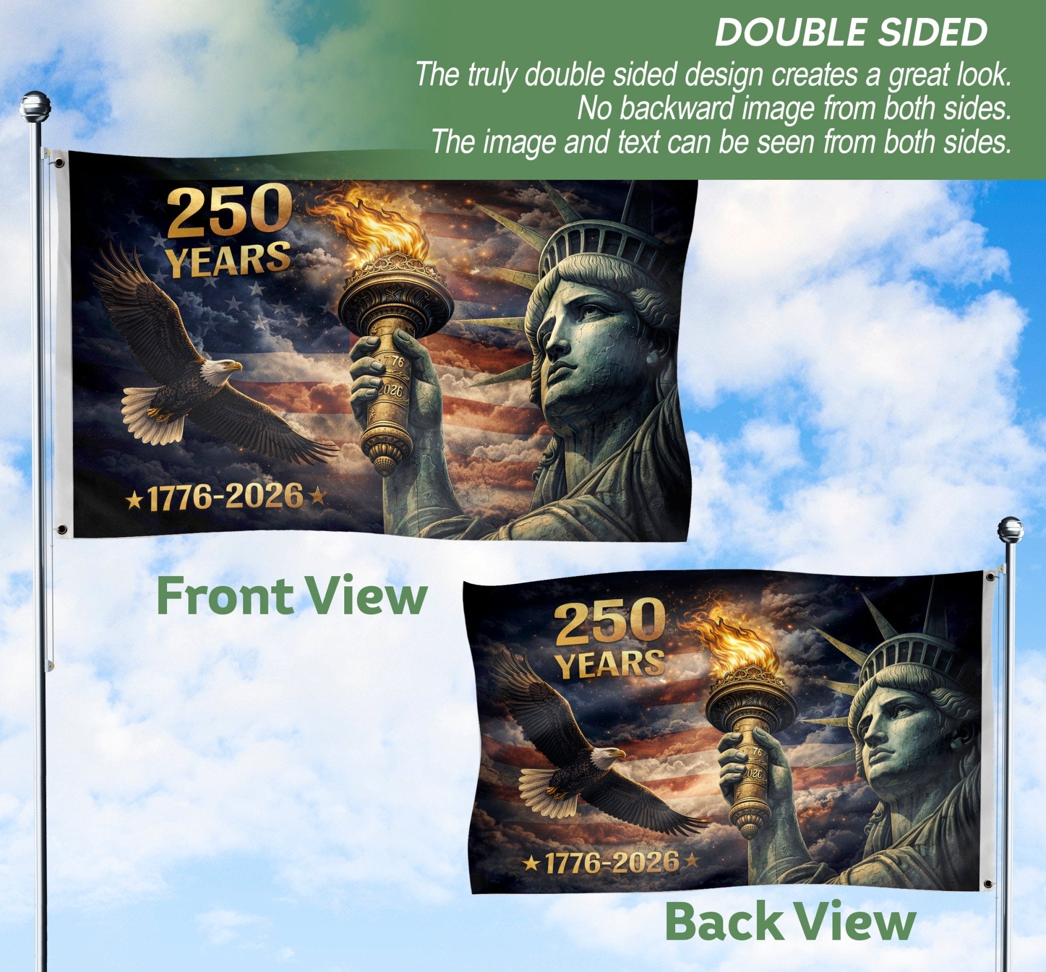 USA 250 Years Flag 1776–2026 – Statue of Liberty Torch & Eagle Patriotic Anniversary Flag upsale - Rust Field Wear