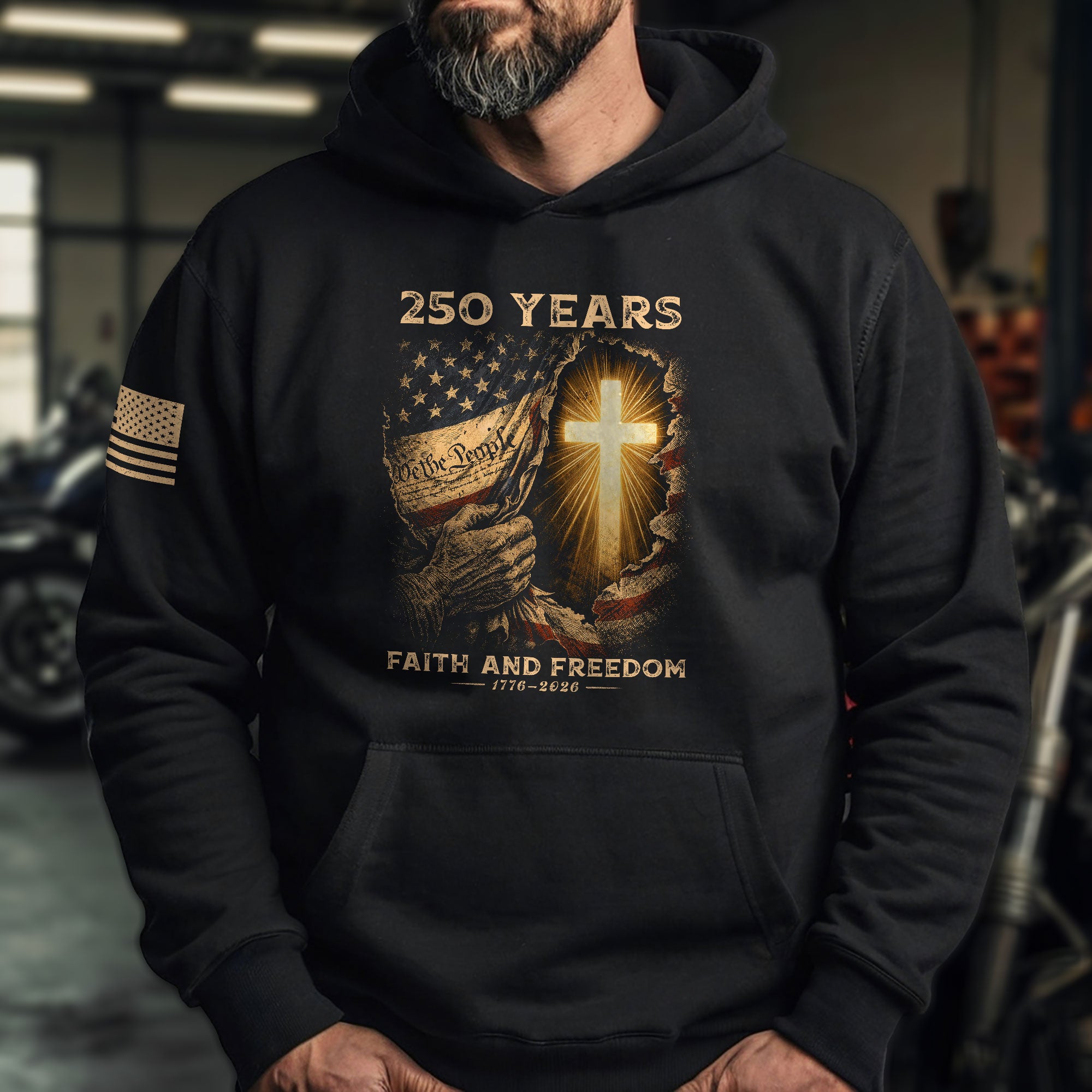USA 250th Anniversary Hoodie 1776-2026 – Glowing Cross US Flag 250 Years Faith & Freedom Patriotic Hoodie