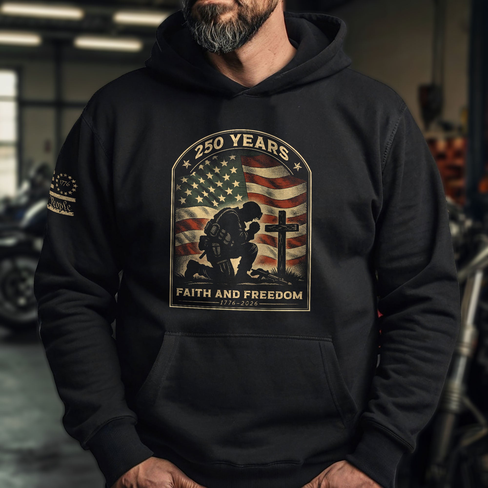 America 250th Anniversary Hoodie 1776-2026 – Kneeling Soldier Cross US Flag 250 Years Military Patriotic Men’s Hoodie