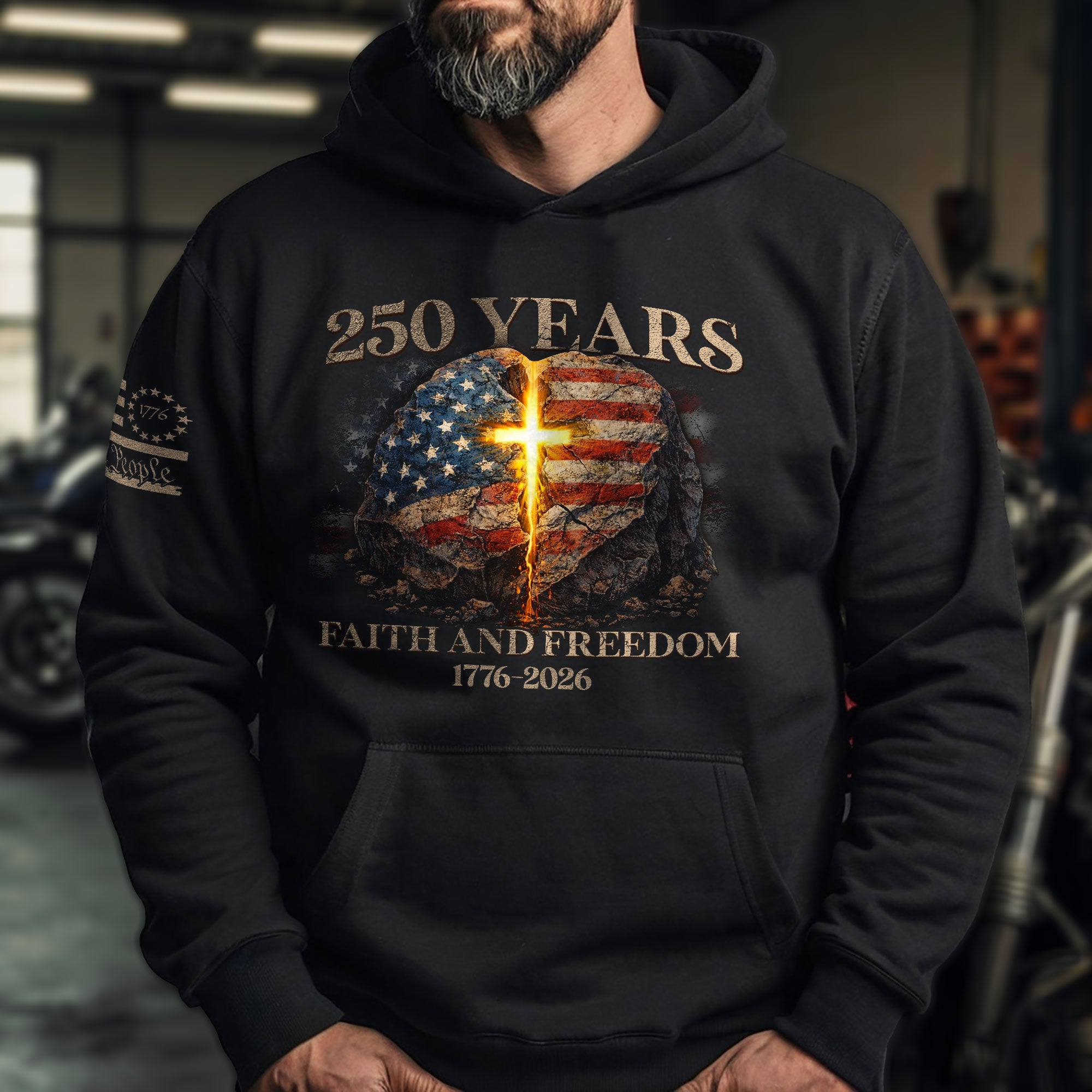 America 250th Anniversary 1776-2026 Semiquincentennial Hoodie – Christian Faith and Freedom Cross Flag Patriotic Hoodie