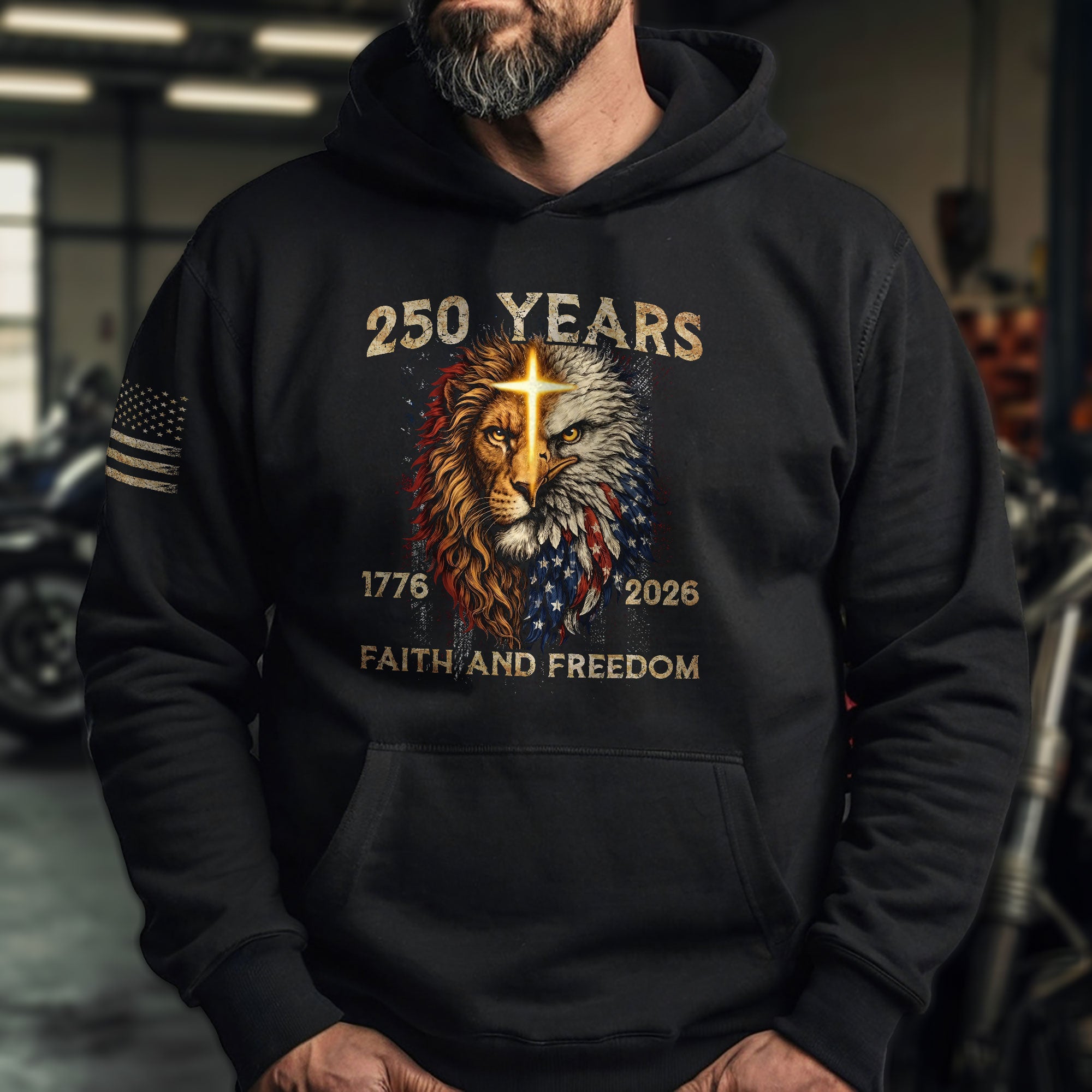 USA 250th Anniversary 1776-2026 Semiquincentennial Hoodie – Christian Faith and Freedom Lion of Judah American Flag Men’s Apparel