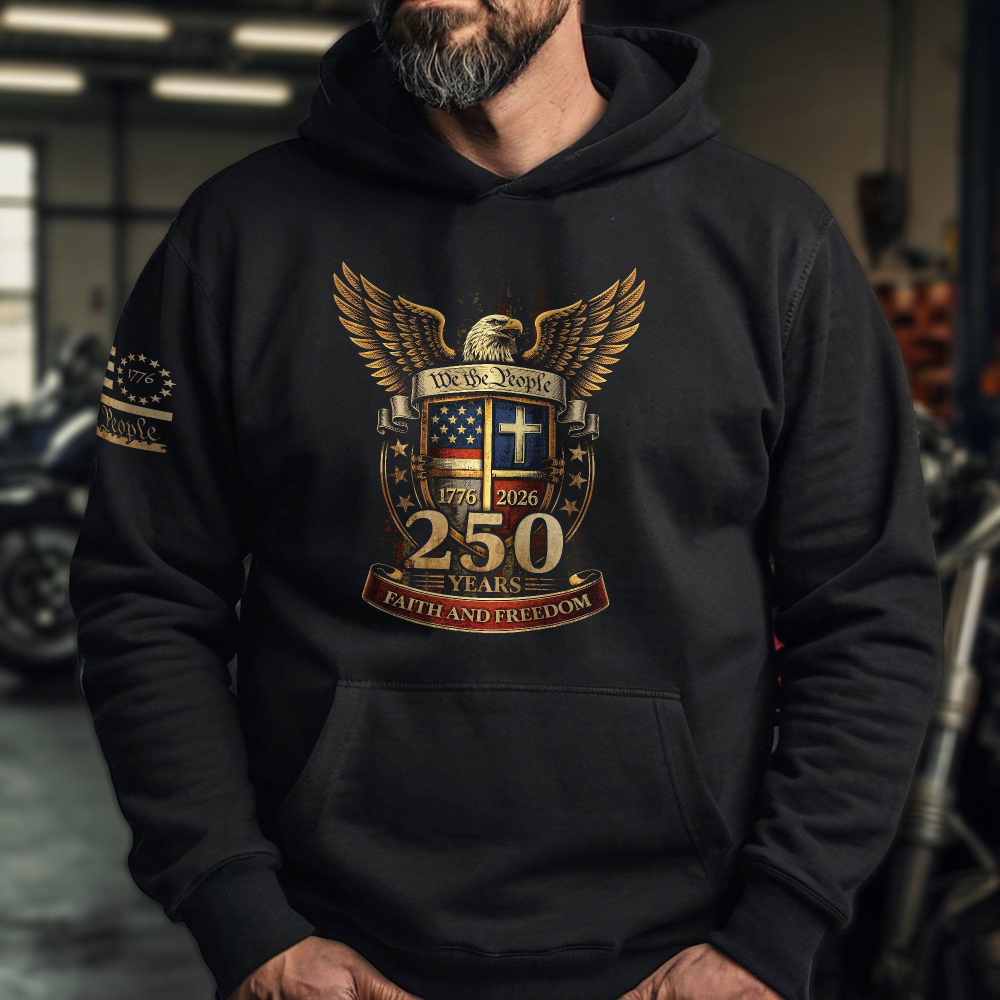 America 250th Anniversary 1776-2026 Semiquincentennial Hoodie – Patriotic Faith and Freedom Cross Shield Flag Men’s Hoodie