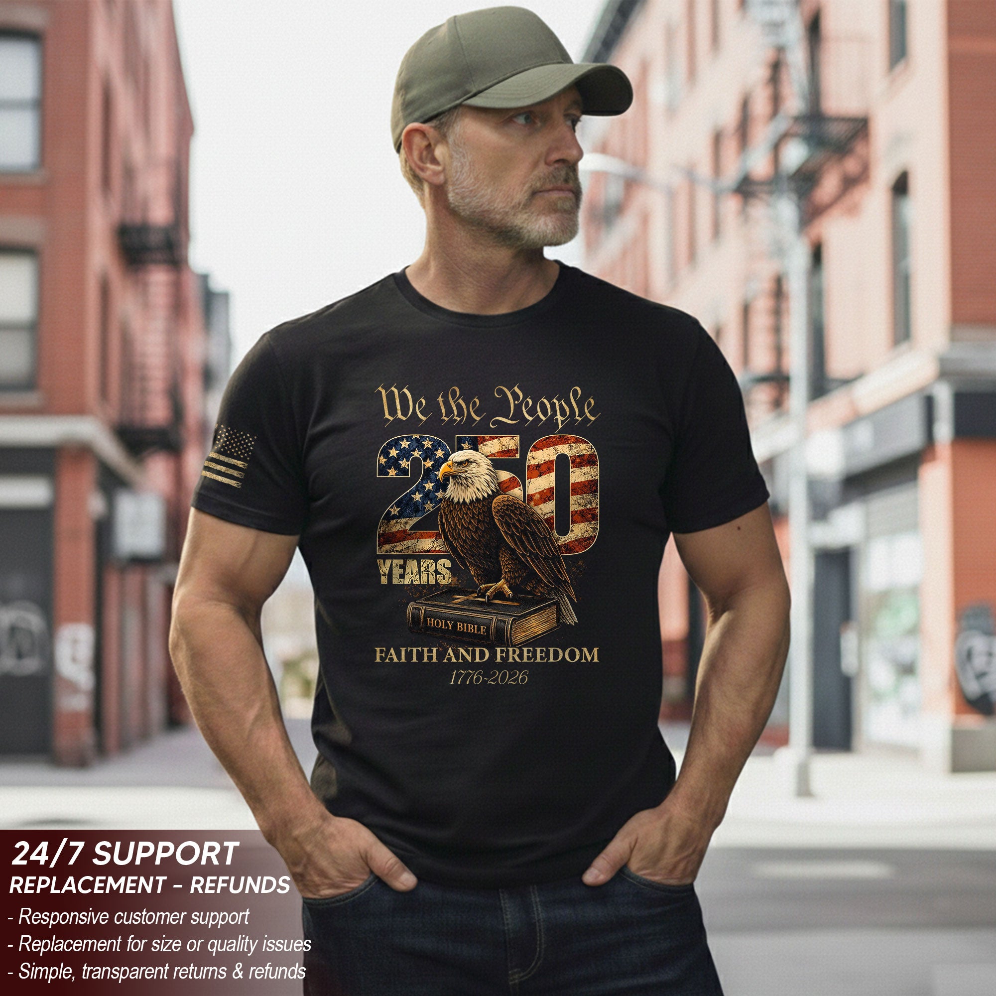Faith and Freedom 250 Years Celebration Shirt - Patriotic We the People Eagle & Holy Bible Graphic Tee