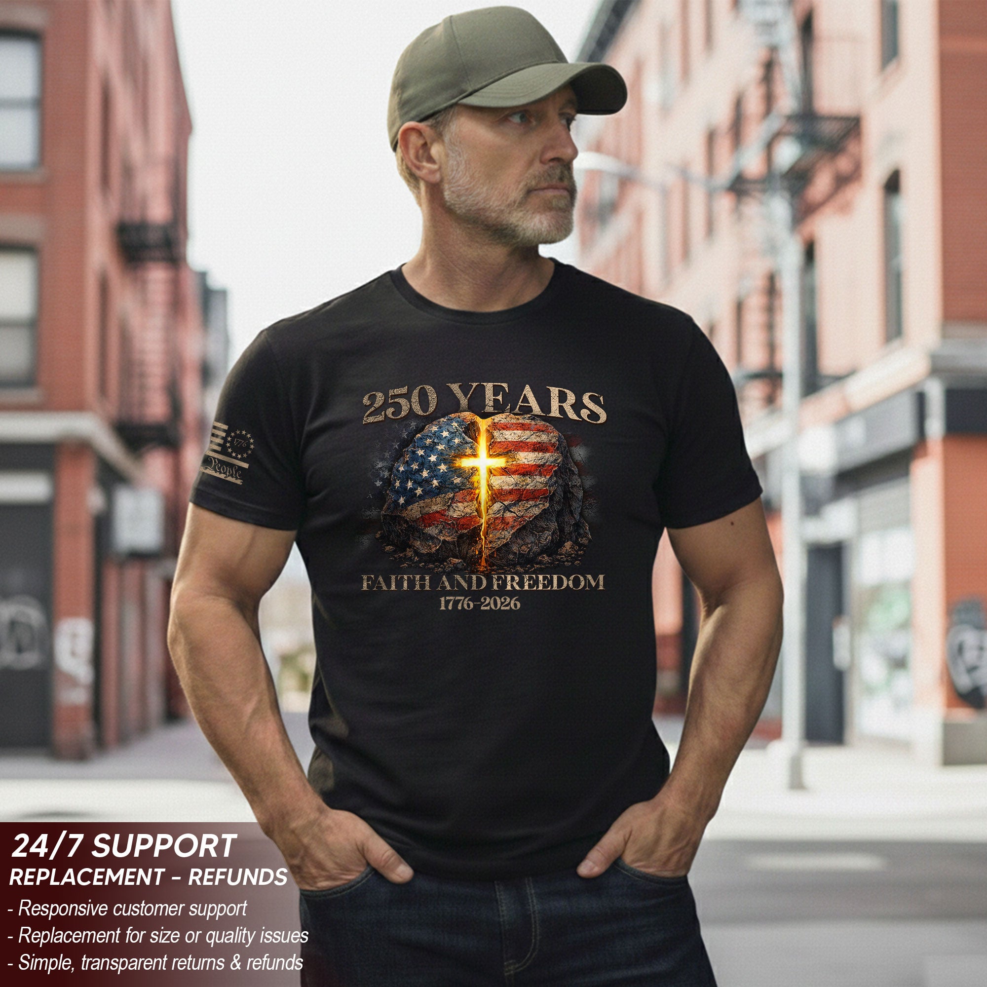 Faith and Freedom 250 Years T-Shirt - Glowing Cross & American Flag Rock Graphic Tee