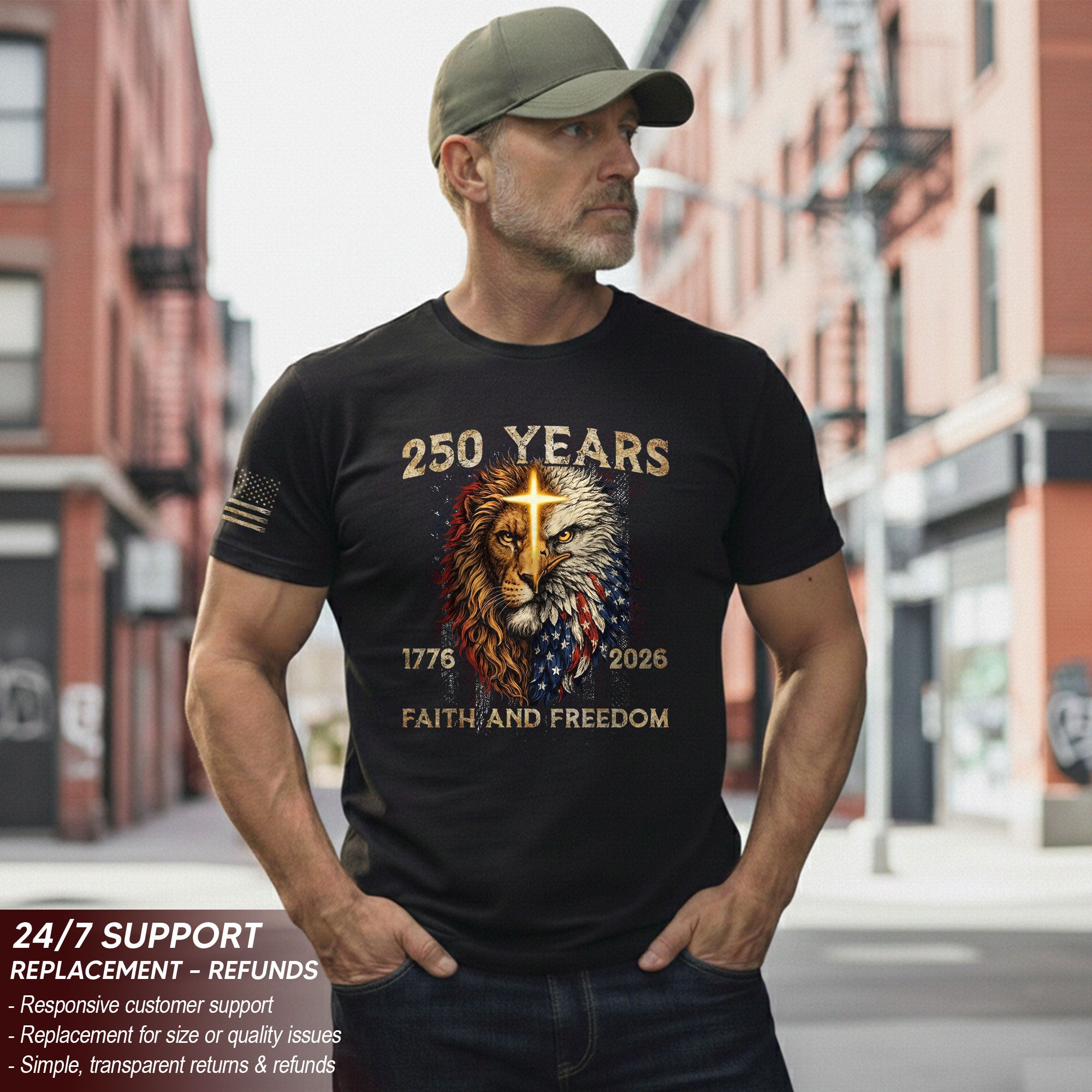 250 Years of Faith and Freedom Shirt - Lion and Eagle Cross Patriotic Strength Statement Graphic Tee
