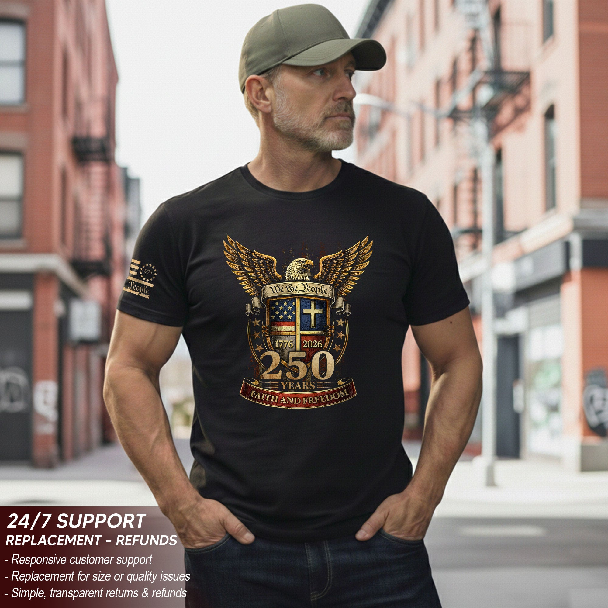 Faith and Freedom 250 Years T-Shirt - We the People Golden Eagle & Cross Crest Design