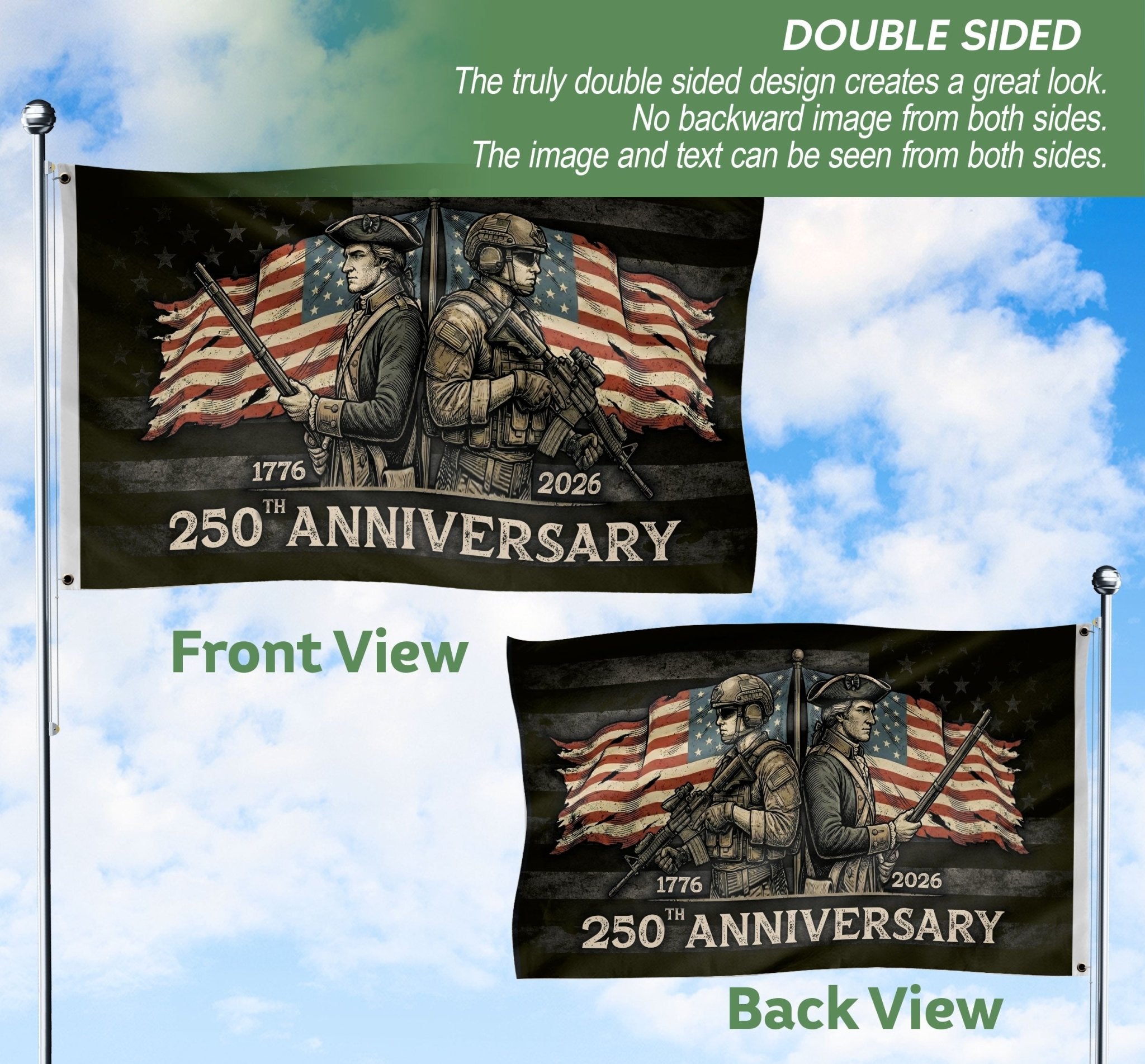 250 Years America Anniversary Flag 1776-2026 - Revolutionary & Modern Soldier Patriotic Flag, Double Sided Heritage Banner - Rust Field Wear