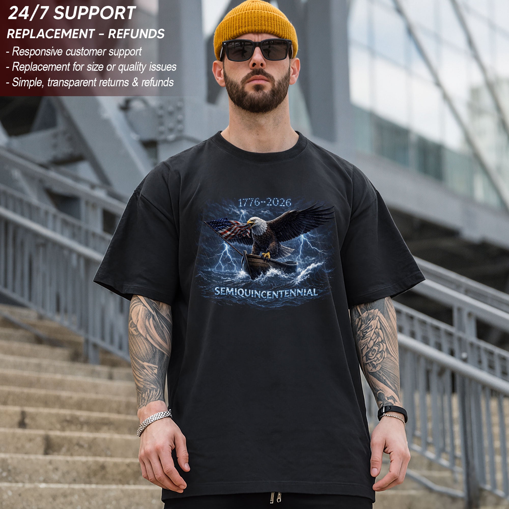 1776–2026 Semiquincentennial Bootleg Eagle Tee – Storm Flag Graphic 250 Years of America