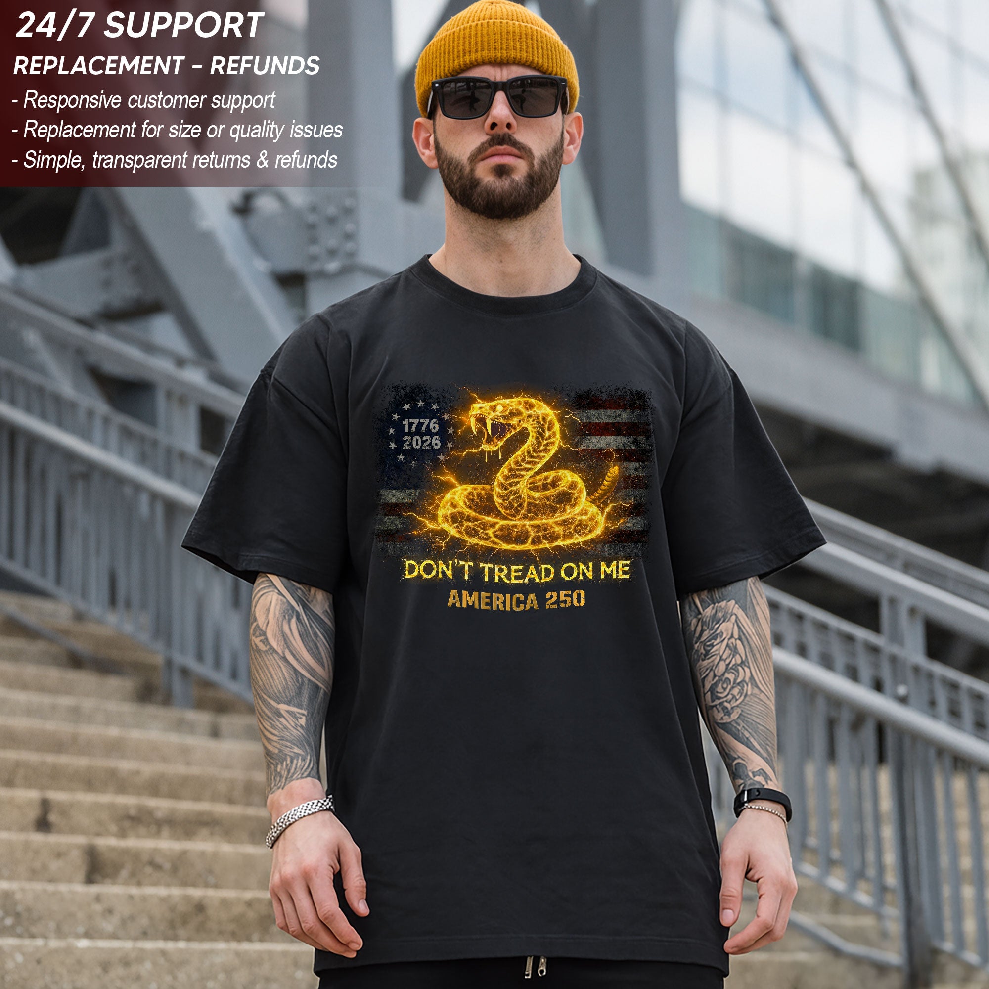 Don’t Tread on Me America 250 Bootleg Tee – Electric Snake 1776–2026 Graphic