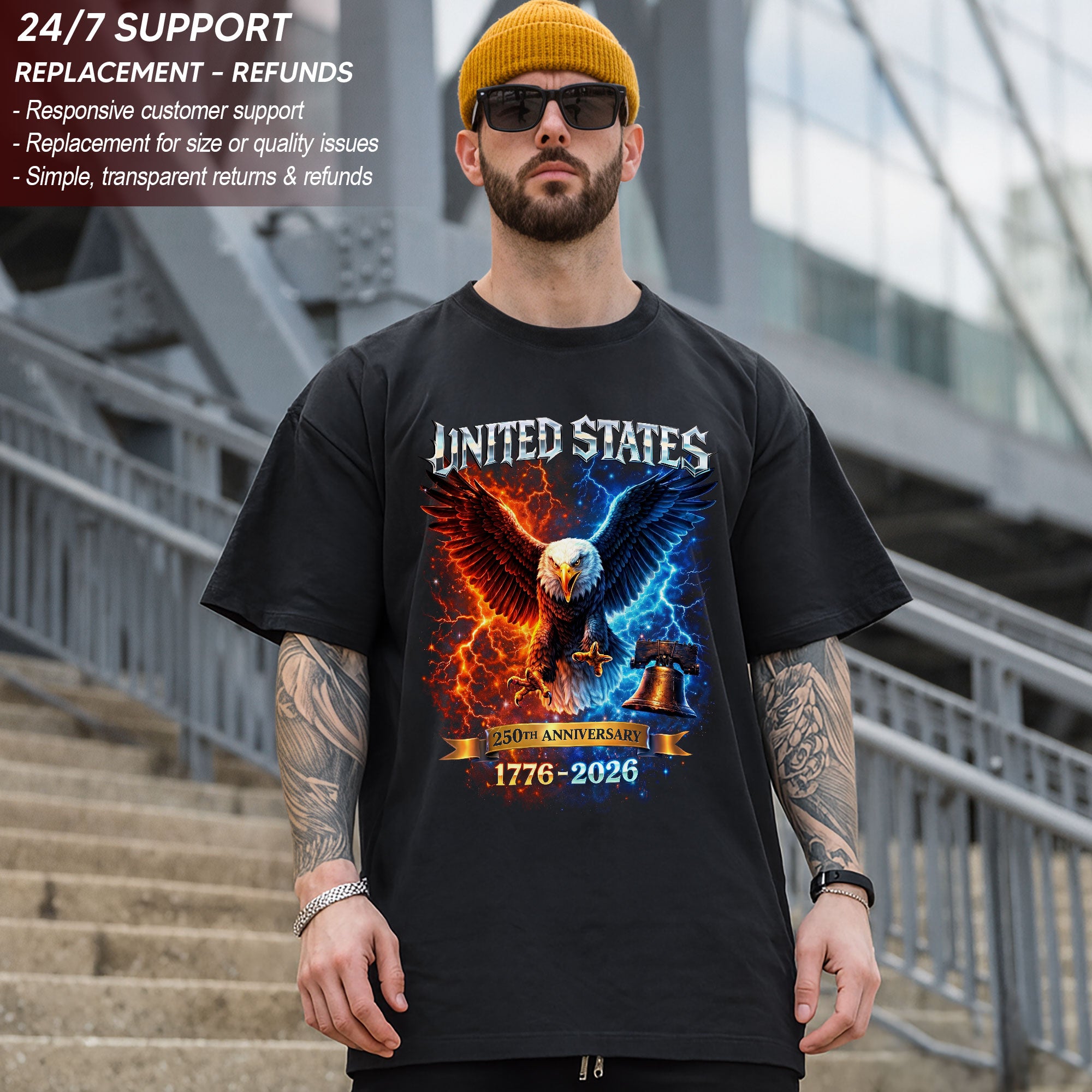 United States 250th Anniversary Bootleg Eagle T-Shirt 1776–2026 – Bold Patriotic Freedom Graphic Tee