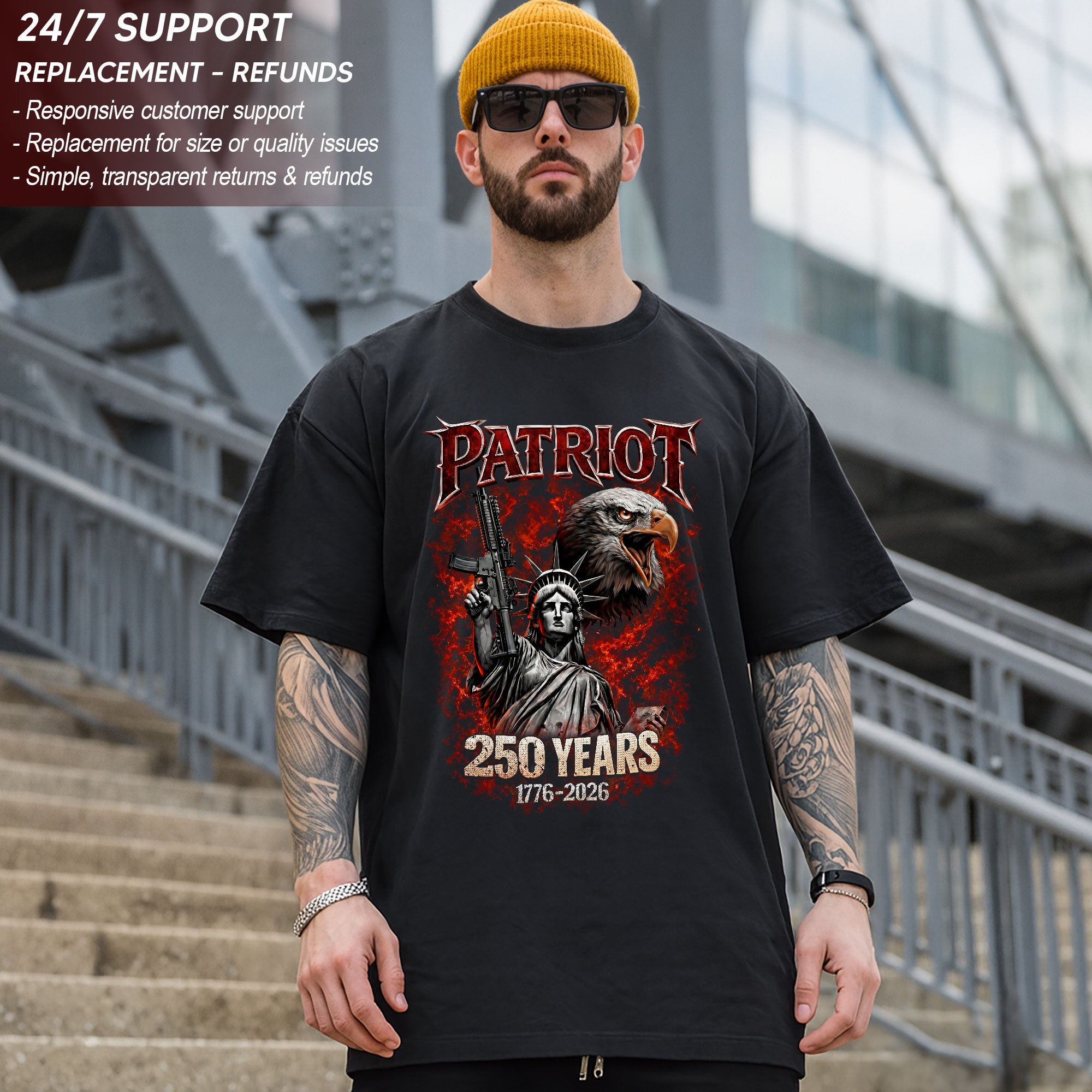 Patriot 250 Years Bootleg Tee – Liberty, Eagle & Firepower Street Graphic