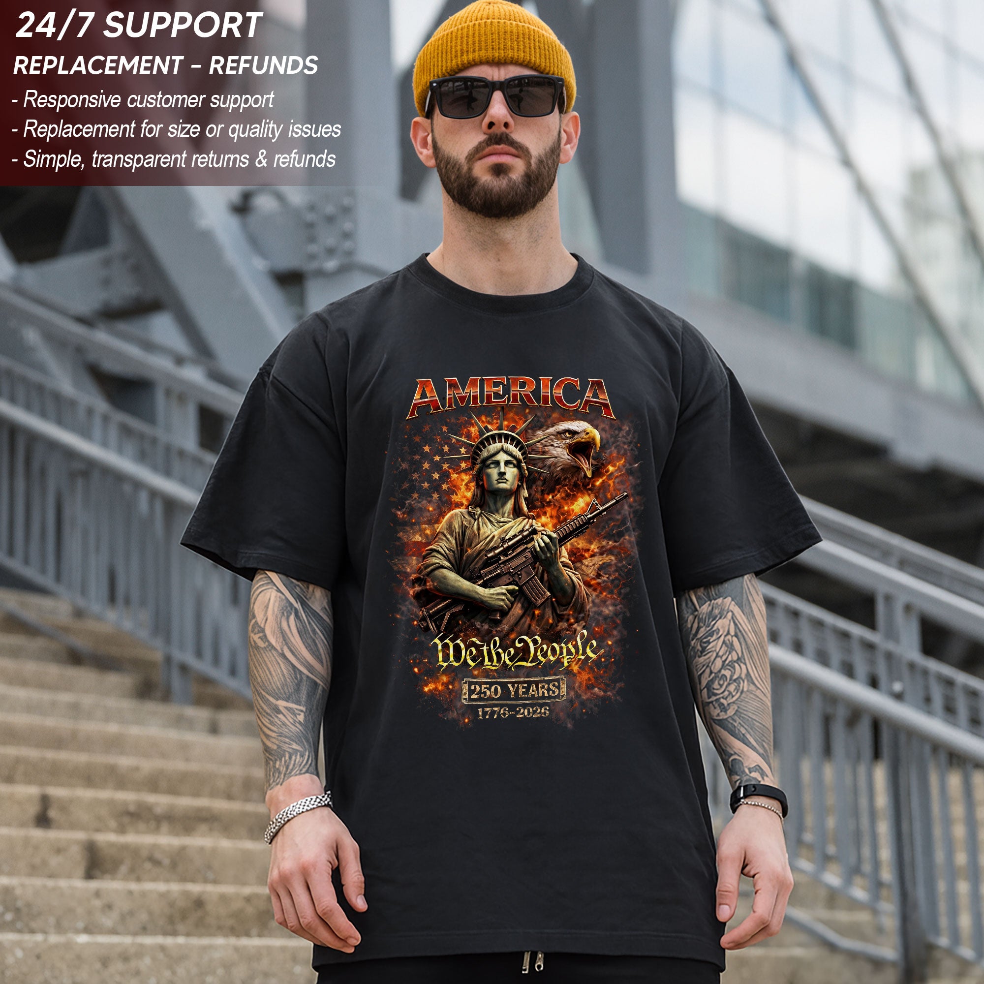 America We The People Bootleg Tee – Liberty Armed, Eagle Fire & 250 Years Chaos