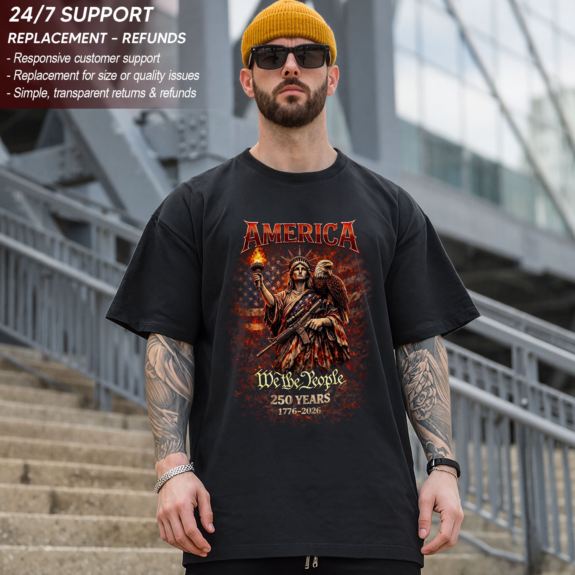 America We The People Bootleg Tee – Torch of Liberty, Eagle Power & 250 Years Raw