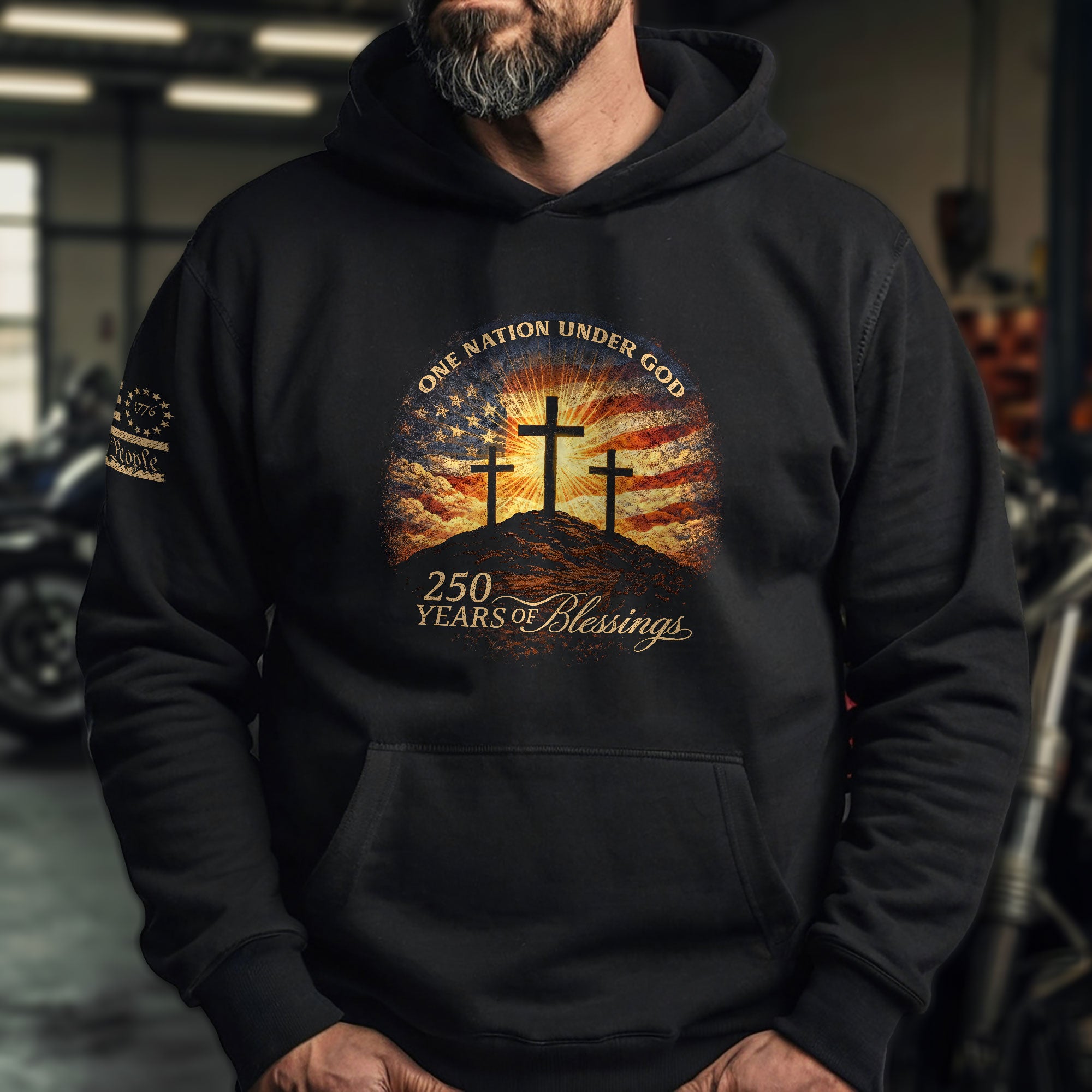 America 250th Anniversary Hoodie 1776-2026 – Calvary Cross One Nation Under God 250 Years of Blessings Hoodie